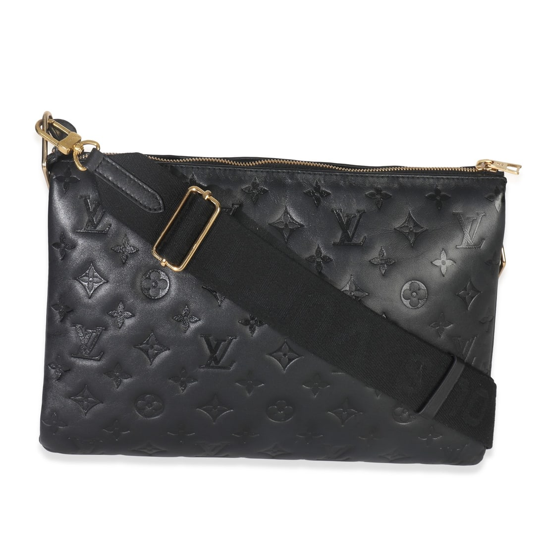 Black Leather Coussin MM Shoulder Bag with Removable Strap by Louis Vuitton: Black Leather Coussin MM Shoulder Bag with Removable Strap by Louis Vuitton The Louis Vuitton Coussin MM is a black monogram-embossed lambskin shoulder bag crafted in France. Featuring gold-tone hardw