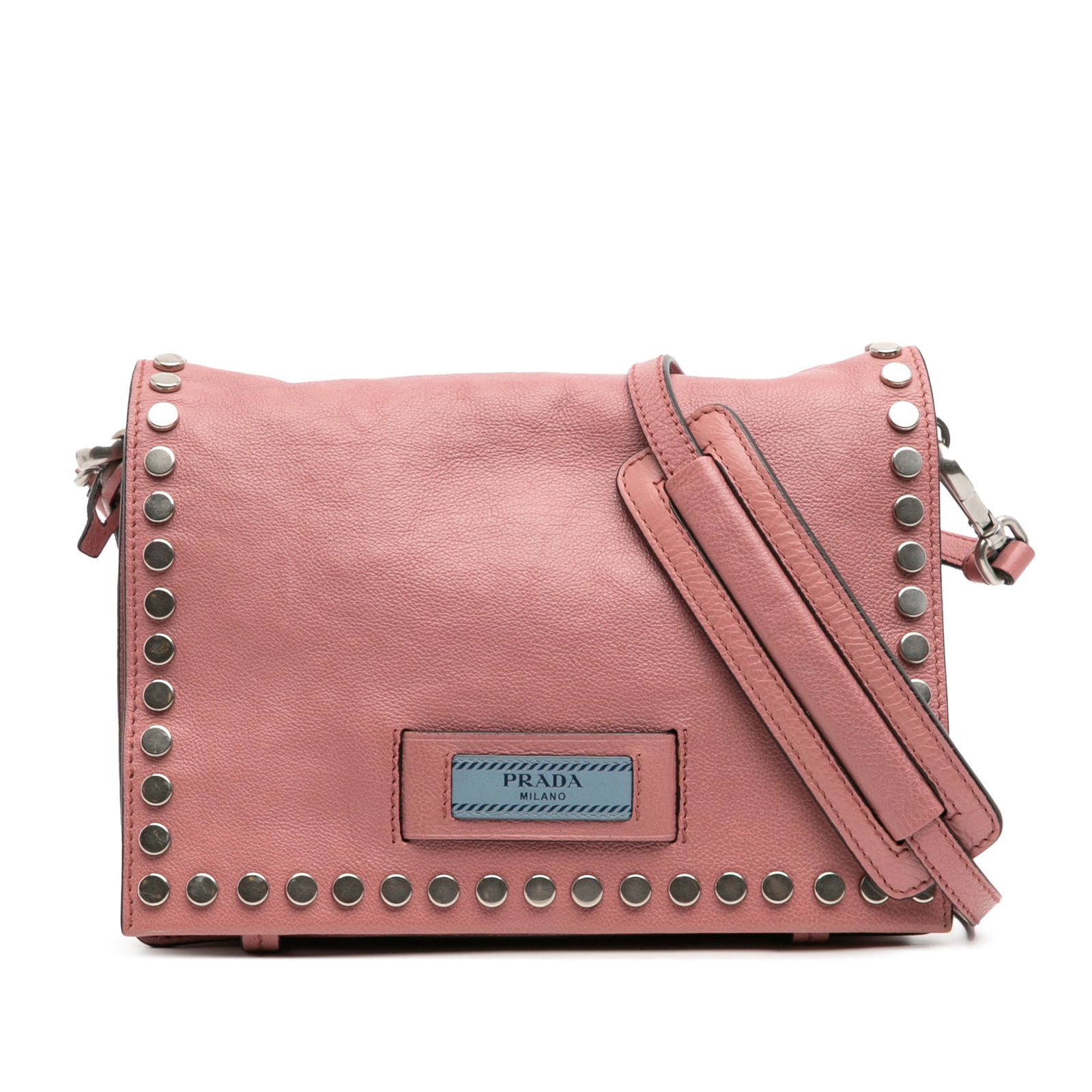 Prada Pink Glace Calf Studded Etiquette Flap Crossbody Bag: Prada Pink Glace Calf Studded Etiquette Flap Crossbody Bag The Prada Glace Calf Studded Etiquette Flap Crossbody is a stylish accessory crafted from high-quality leather. This eye-catching crossbody b