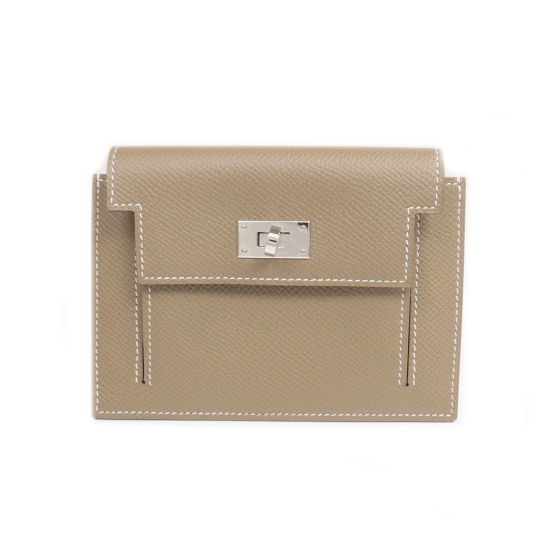 Kelly Pocket Epsom Leather Wallet by Hermes in Etoupe with Palladium Hardware: Kelly Pocket Epsom Leather Wallet by Hermes in Etoupe with Palladium Hardware This bi-fold wallet features Epsom leather in a gray Etoupe shade and is crafted from calfskin. It is designed with a regu