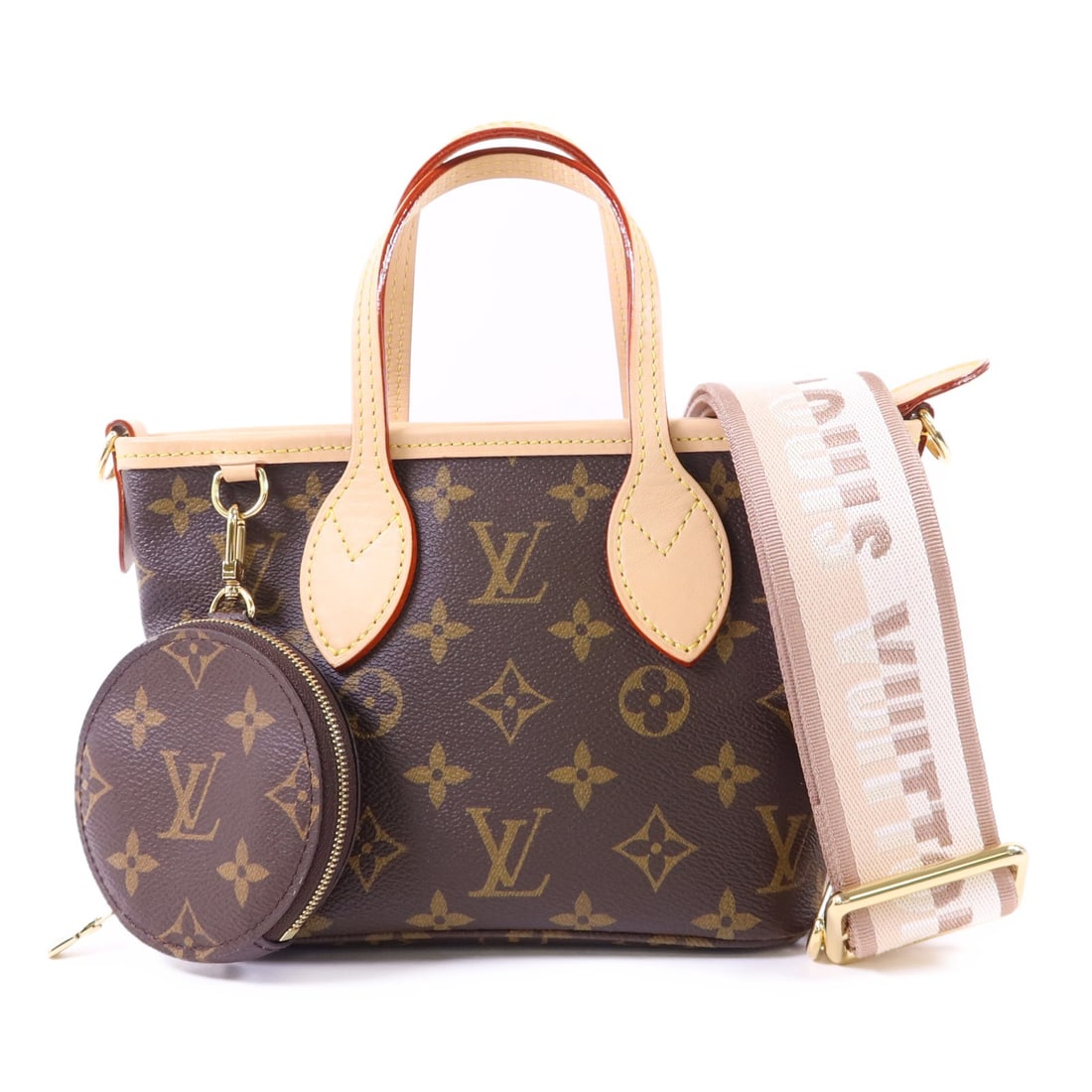Louis Vuitton Neverfull BB Monogram Brown Shoulder Bag with Gold Hardware: Louis Vuitton Neverfull BB Monogram Brown Shoulder Bag with Gold Hardware This Louis Vuitton Neverfull BB 2-way shoulder handbag features the brand's iconic monogram design in brown PVC coated canvas.