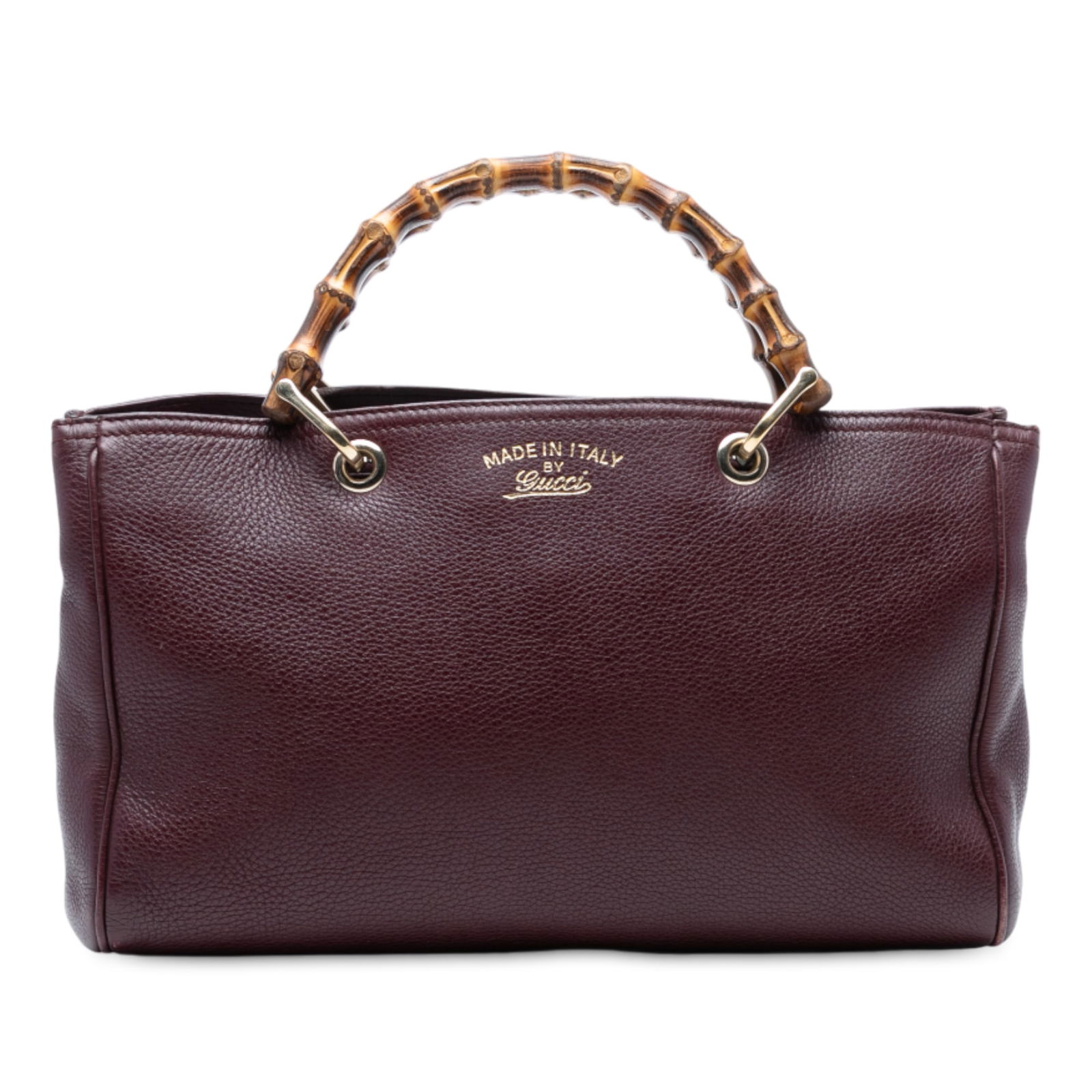 Red Leather Bamboo Handle Medium Satchel by Gucci: Red Leather Bamboo Handle Medium Satchel by Gucci This Gucci Medium Calfskin Bamboo Shopper Satchel features a red leather body with distinctive bamboo top handles. It includes a detachable flat leath