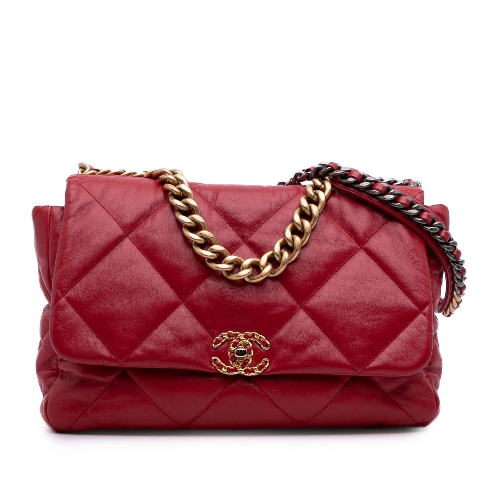 Chanel Maxi 19 Flap Red Lambskin Bag with Gold-tone Chain: Chanel Maxi 19 Flap Red Lambskin Bag with Gold-tone Chain Introducing the Chanel Maxi Lambskin 19 Flap bag, a luxurious addition to any wardrobe. This stunning bag is crafted from quilted lambskin lea