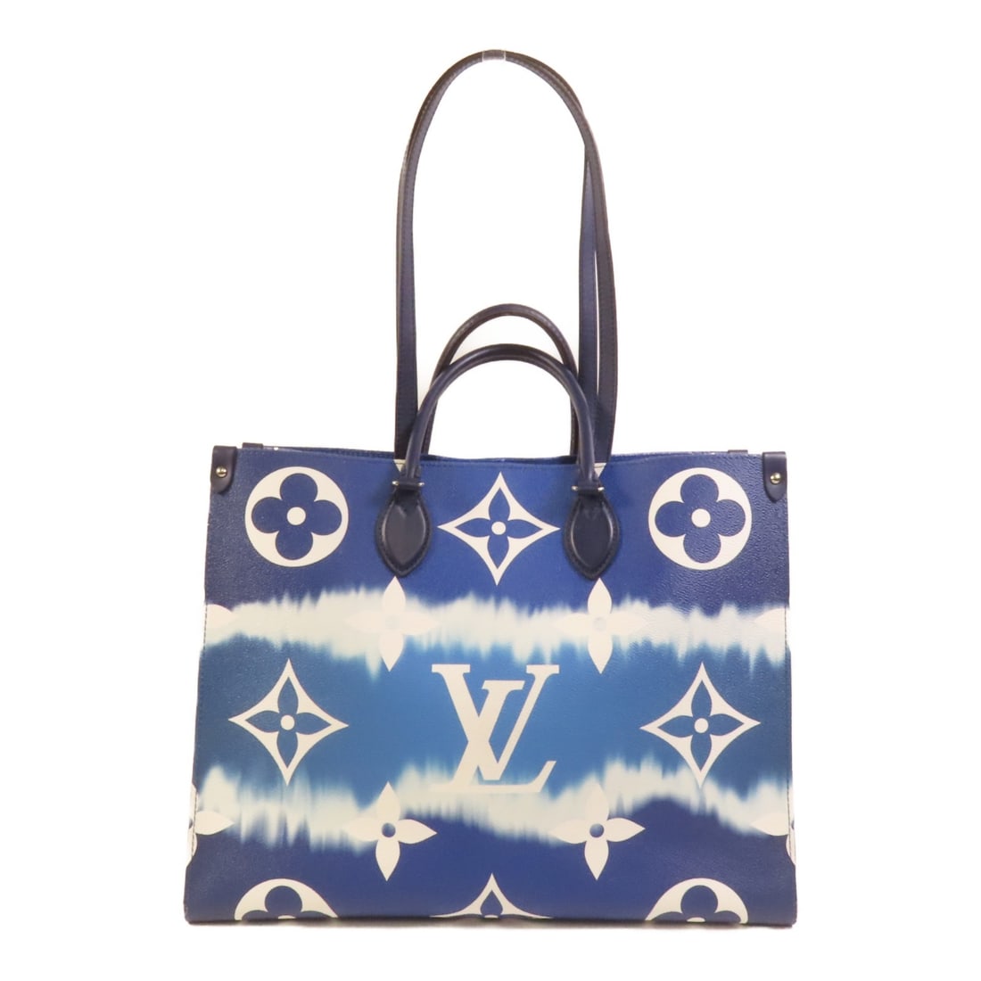 Louis Vuitton On The Go Blue Monogram Escale Tote Shoulder Bag M45120: Louis Vuitton On The Go Blue Monogram Escale Tote Shoulder Bag M45120 This Louis Vuitton On The Go tote bag features the Monogram Escale design in blue and is crafted from durable PVC coated canvas. I