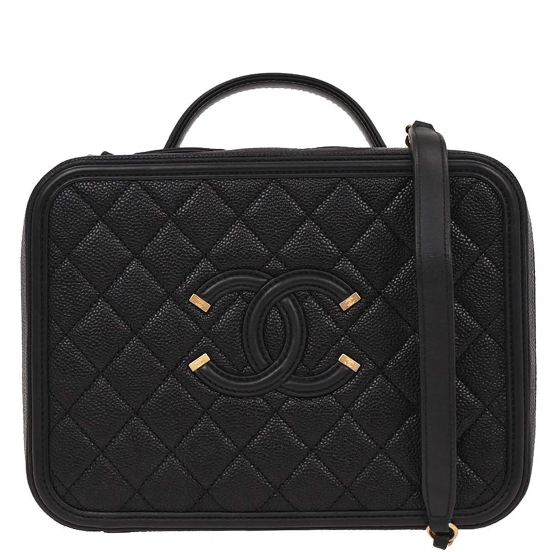 Chanel CC Filigree Vanity Leather Bag Black Top Handle Two Way Italy: Chanel CC Filigree Vanity Leather Bag Black Top Handle Two Way Italy This Chanel CC Filigree 2way Vanity handbag is crafted from black calfskin leather and features a top handle design with logo accen