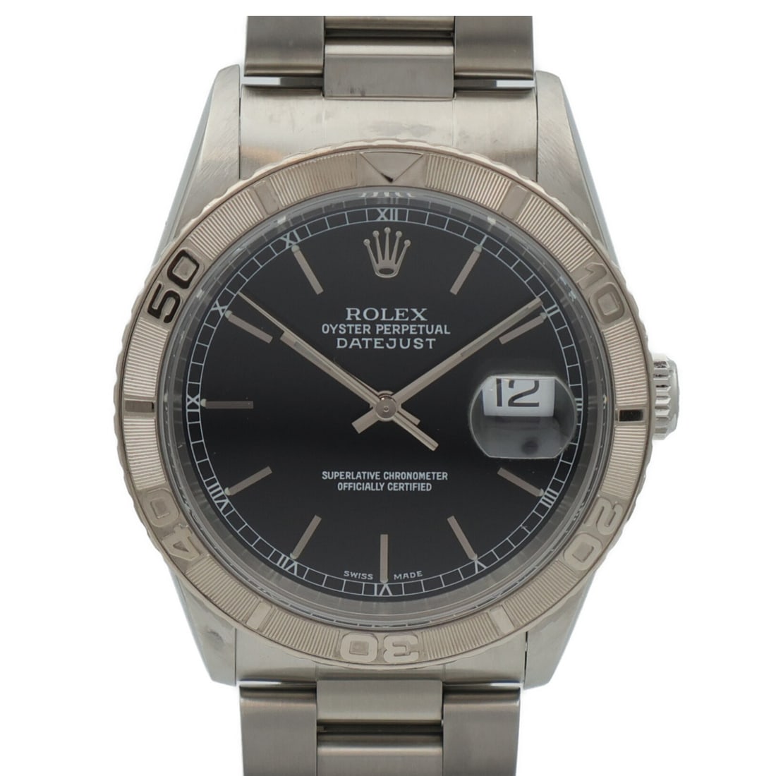 Stainless Steel Black Dial Rolex 16264 Datejust Turn-O-Graph Automatic Wristwatch: Stainless Steel Black Dial Rolex 16264 Datejust Turn-O-Graph Automatic Wristwatch This ROLEX Datejust Turn-O-Graph 16264 is an automatic wristwatch crafted from stainless steel with a black dial and m