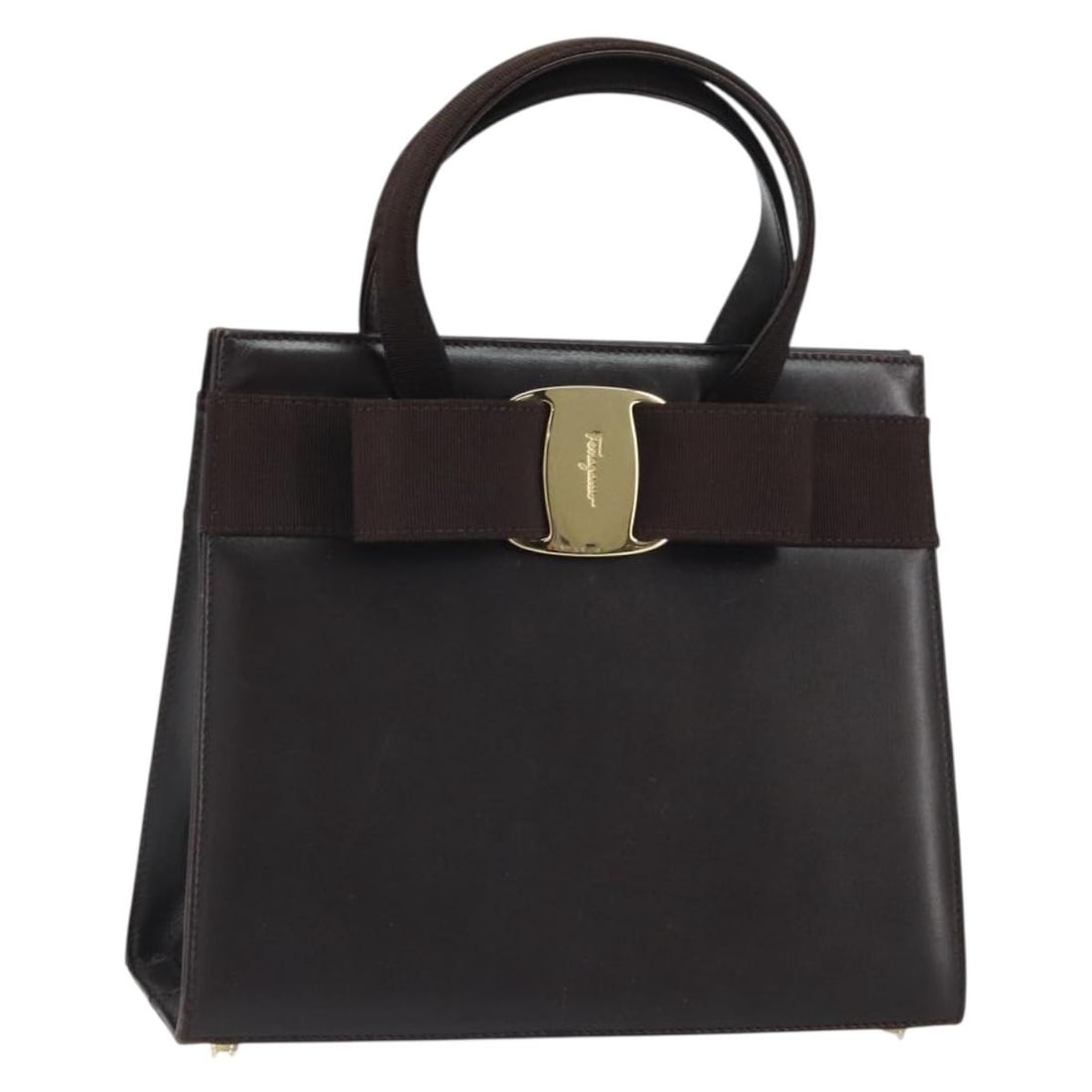 Brown Leather Vala Handbag by Salvatore Ferragamo Gold Accents: Brown Leather Vala Handbag by Salvatore Ferragamo Gold Accents This Salvatore Ferragamo Vala hand bag is crafted from brown leather with gold-tone accents. It features a structured silhouette with a t