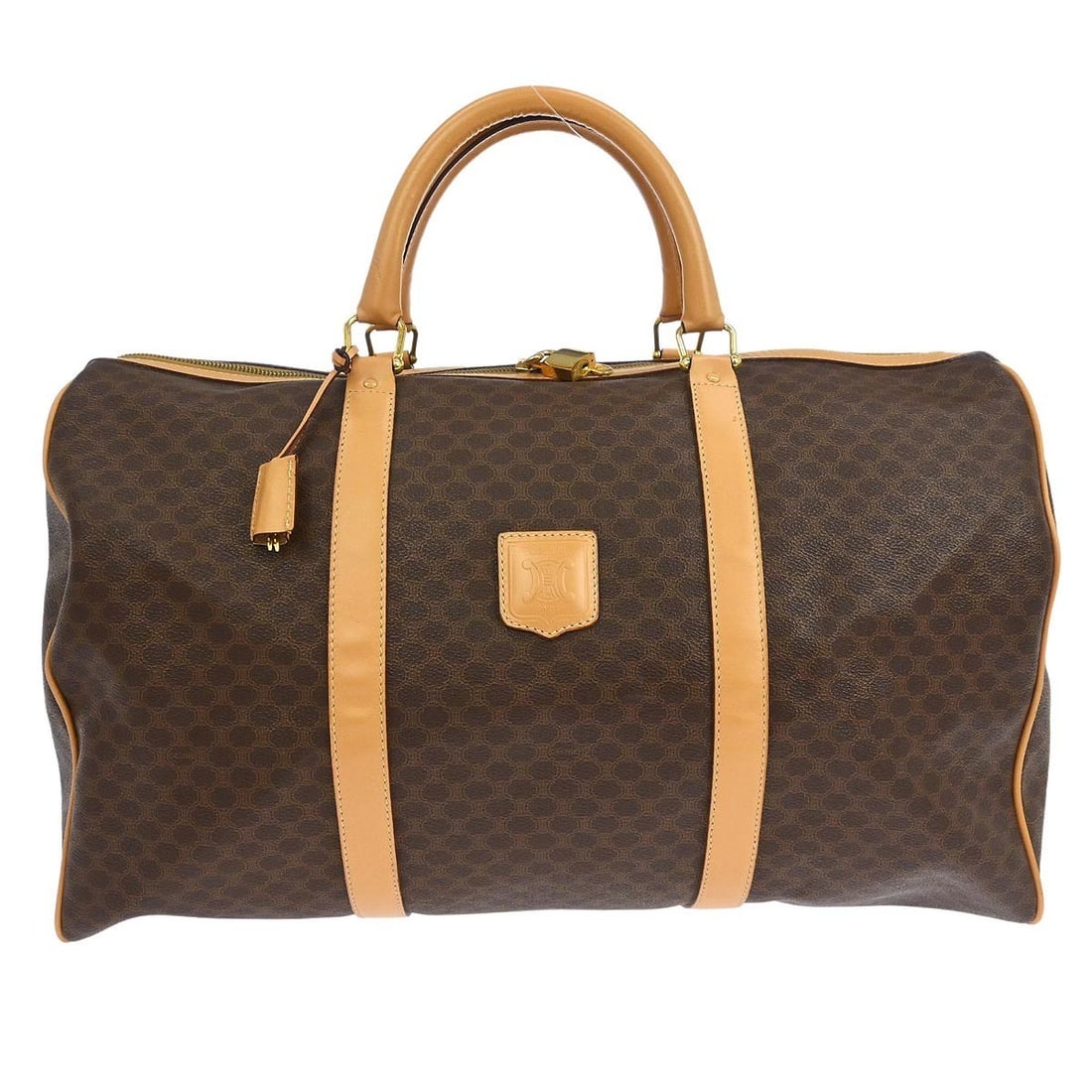 Macadam Extra Large Brown Duffle Bag by Celine with Double Handles: Macadam Extra Large Brown Duffle Bag by Celine with Double Handles This extra large Celine Macadam duffle handbag features the signature brown Macadam pattern with logo accents. Crafted in Italy, it h