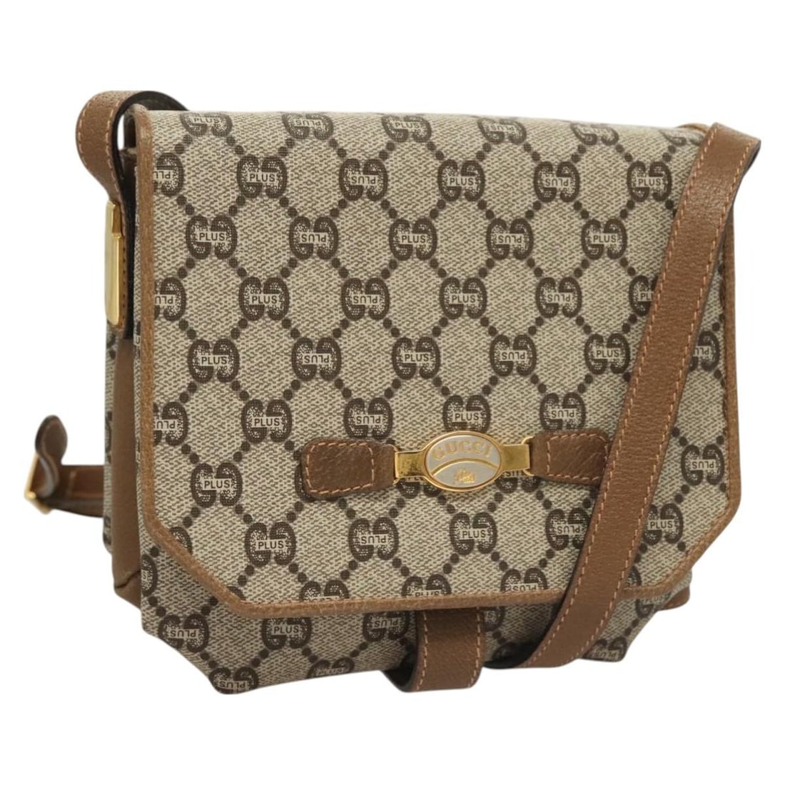 GUCCI GG Plus Supreme Beige Gold Shoulder Bag PVC Leather Made in Italy: GUCCI GG Plus Supreme Beige Gold Shoulder Bag PVC Leather Made in Italy This stylish GUCCI GG Plus Supreme Shoulder Bag showcases a chic design in a beautiful beige and gold color combination. Crafted