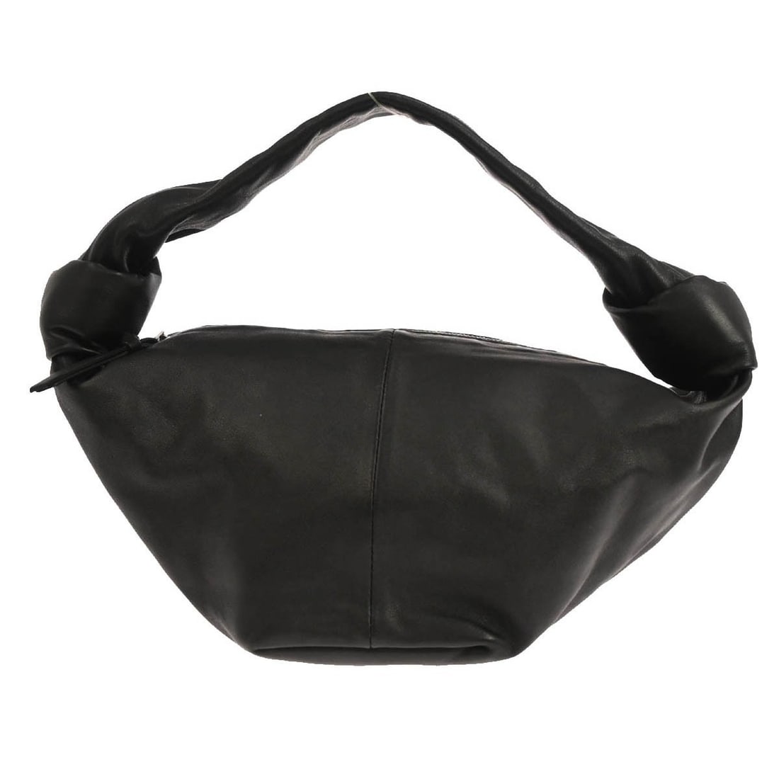 Small Black Leather Intrecciato Double Knot Top Handle Bag by Bottega Veneta: Small Black Leather Intrecciato Double Knot Top Handle Bag by Bottega Veneta This Bottega Veneta handbag features a unique double knot design crafted from black leather. It has a small size with a top