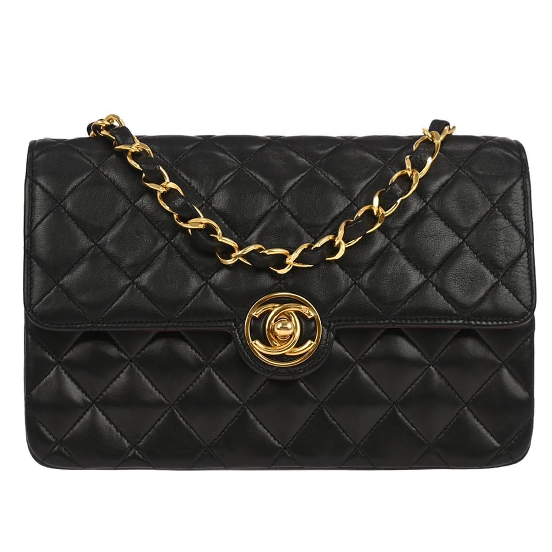 Single Chain Small Black Matelasse Lambskin Crossbody by Chanel: Single Chain Small Black Matelasse Lambskin Crossbody by Chanel This Chanel shoulder bag features luxurious black lambskin leather with a quilted matelasse pattern and a turn lock flap closure. Design