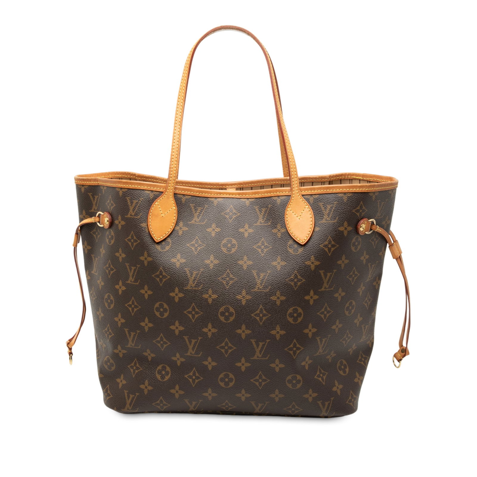 Louis Vuitton Neverfull MM Brown Monogram Canvas Tote with Vachetta Leather Trim: Louis Vuitton Neverfull MM Brown Monogram Canvas Tote with Vachetta Leather Trim This Louis Vuitton Monogram Neverfull MM features the iconic monogram canvas body with vachetta leather trim, flat leat