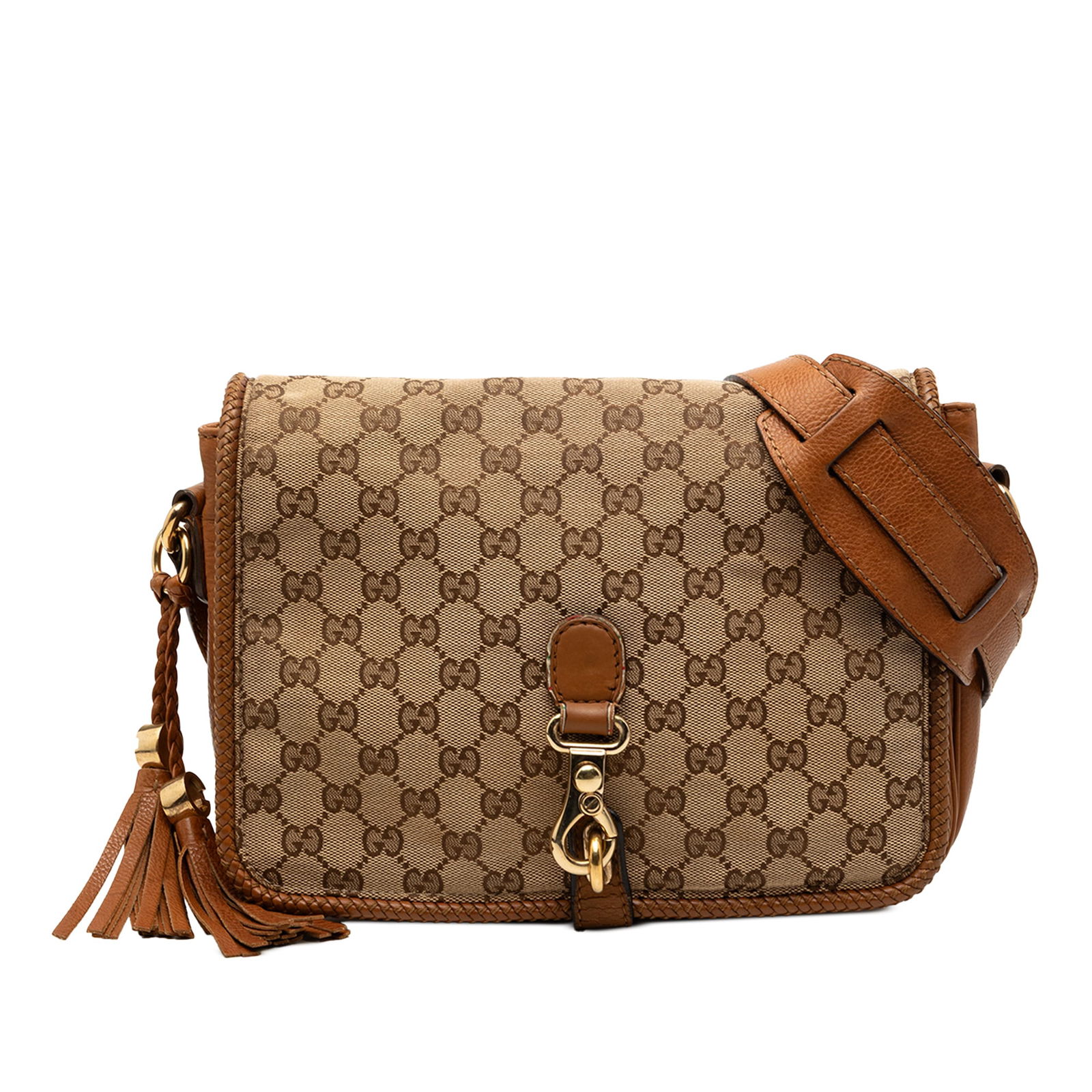 Brown Gucci Marrakech GG Canvas Crossbody Bag with Leather Trim: Brown Gucci Marrakech GG Canvas Crossbody Bag with Leather Trim This Gucci GG Canvas Marrakech Crossbody bag features a canvas body with leather trim, an adjustable flat leather strap, a front flap wi
