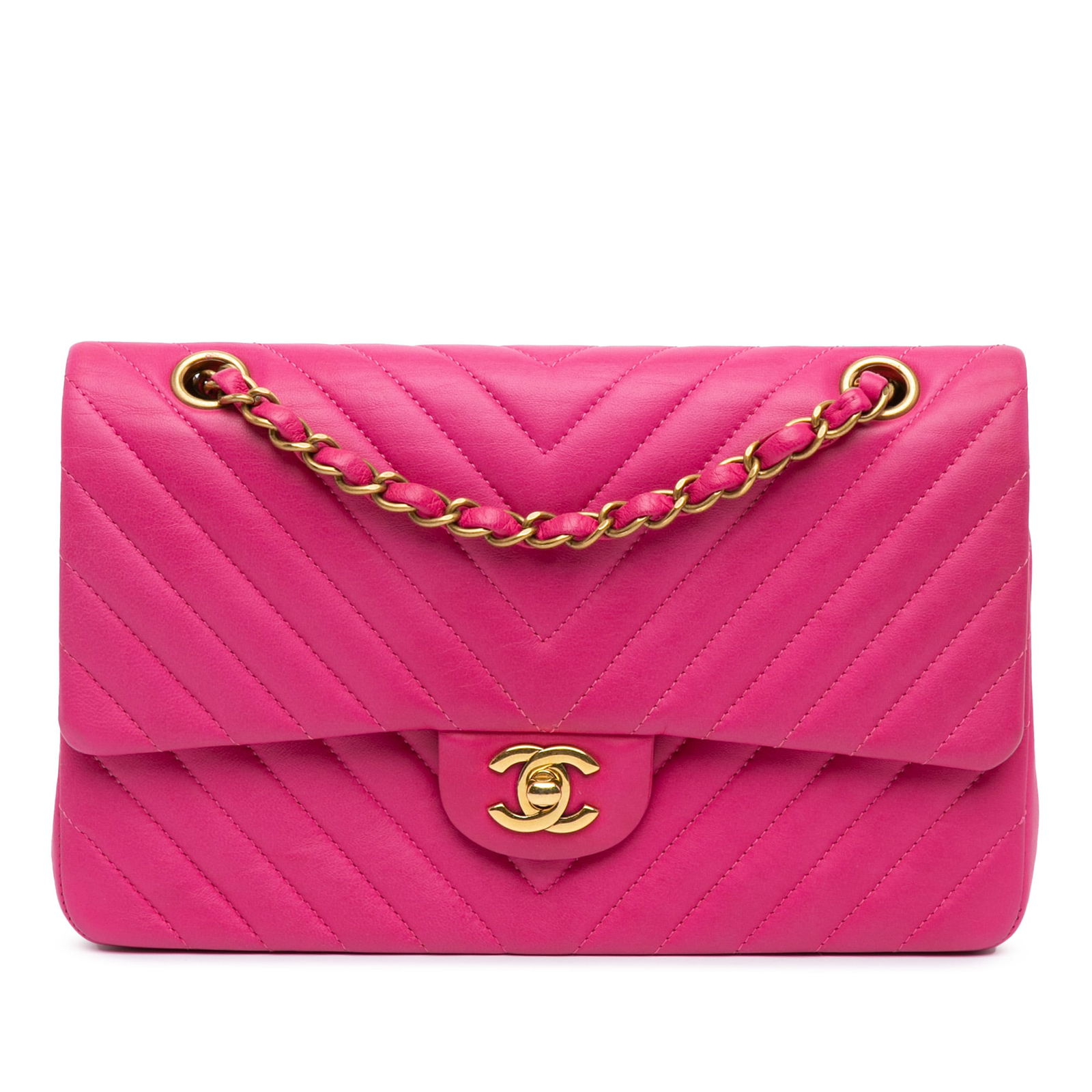 Chanel Medium Classic Chevron Pink Lambskin Double Flap Bag: Chanel Medium Classic Chevron Pink Lambskin Double Flap Bag Elevate your style with the Chanel Medium Classic Chevron Lambskin Double Flap bag. Crafted from luxurious quilted lambskin leather, this sh