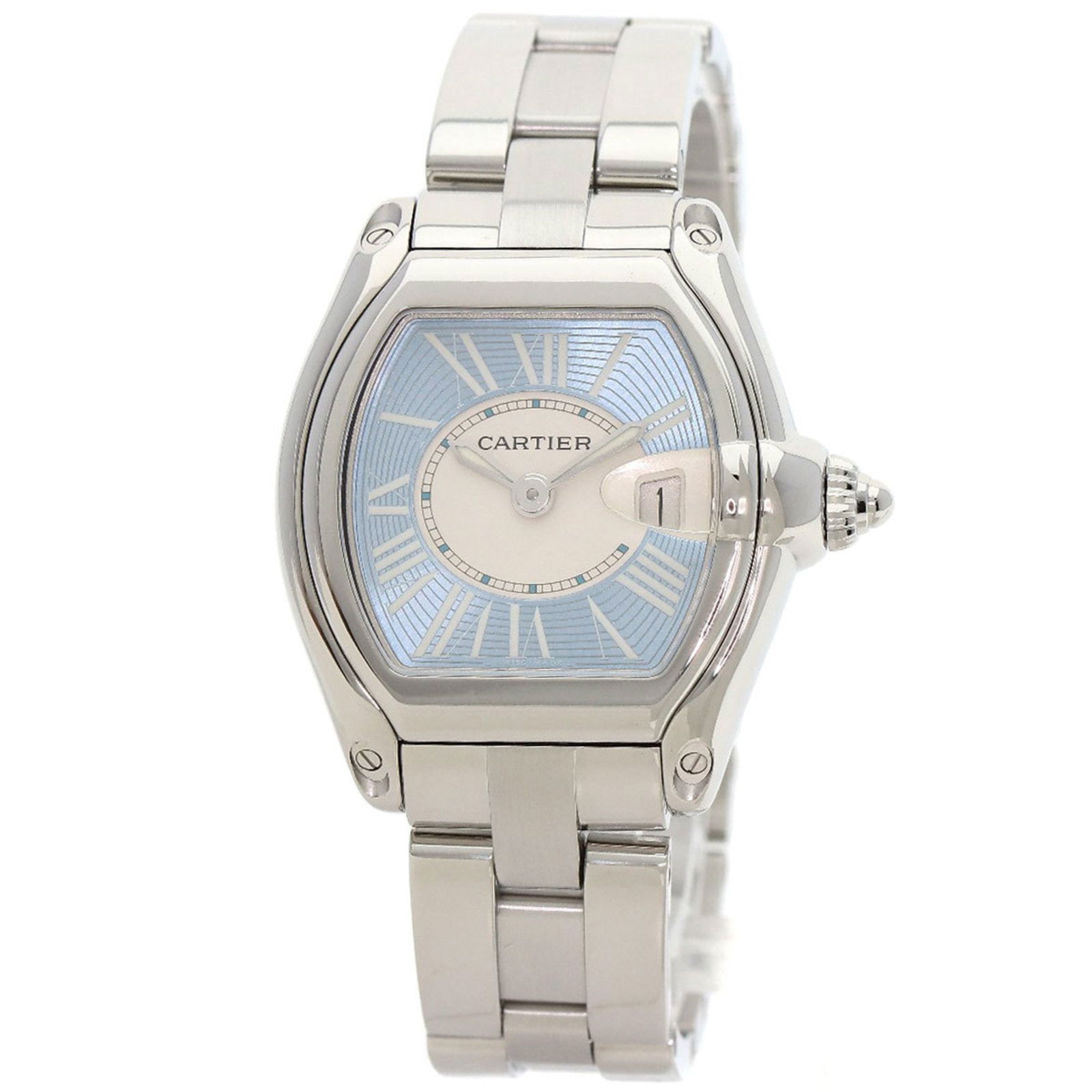 Gold and Steel Cartier Roadster Watch Blue Dial 31mm Swiss Made: Gold and Steel Cartier Roadster Watch Blue Dial 31mm Swiss Made This Cartier Roadster watch features a gold and steel construction with a blue dial, designed for women. Manufactured in Switzerland, it
