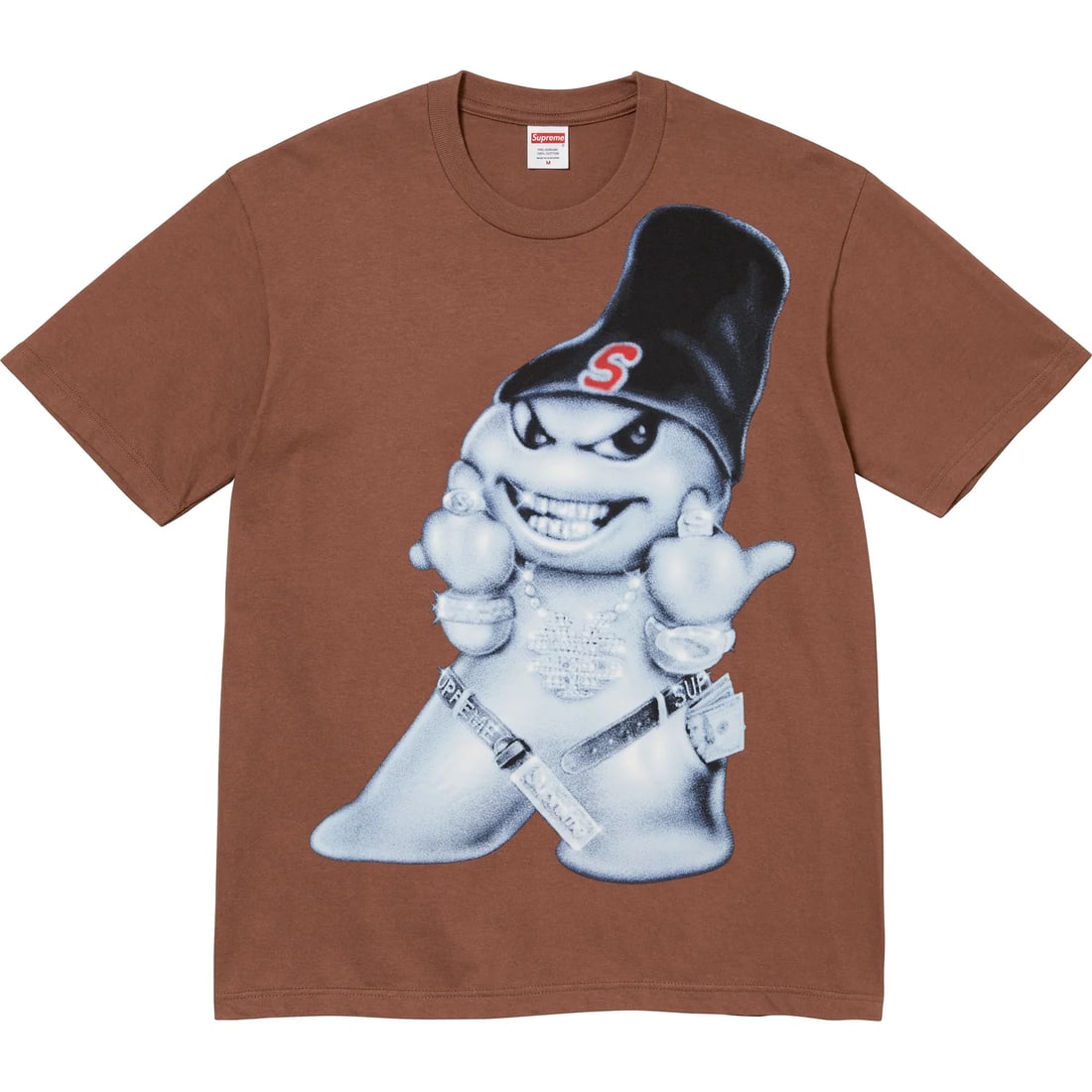 Brown Supreme t-shirt featuring snowman graphic in size large: Brown Supreme t-shirt featuring snowman graphic in size large This Supreme Snowman Brown Tee features a playful snowman graphic on premium cotton fabric, providing a comfortable and stylish option for