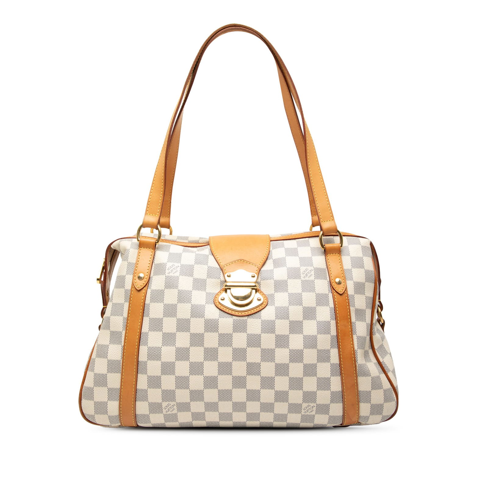 Damier Azur Stresa PM Shoulder Bag by Louis Vuitton with Vachetta Leather Trim: Damier Azur Stresa PM Shoulder Bag by Louis Vuitton with Vachetta Leather Trim The Louis Vuitton Damier Azur Stresa PM features a damier azur canvas body with vachetta leather trim and flat vachetta l
