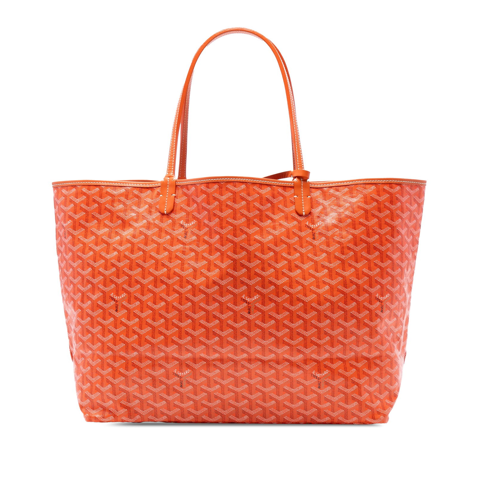 Goyard Saint Louis GM Orange Coated Canvas Tote Bag: Goyard Saint Louis GM Orange Coated Canvas Tote Bag The Goyardine Saint Louis GM is a stylish and functional bag crafted from durable coated canvas. It features flat leather straps and an open top des