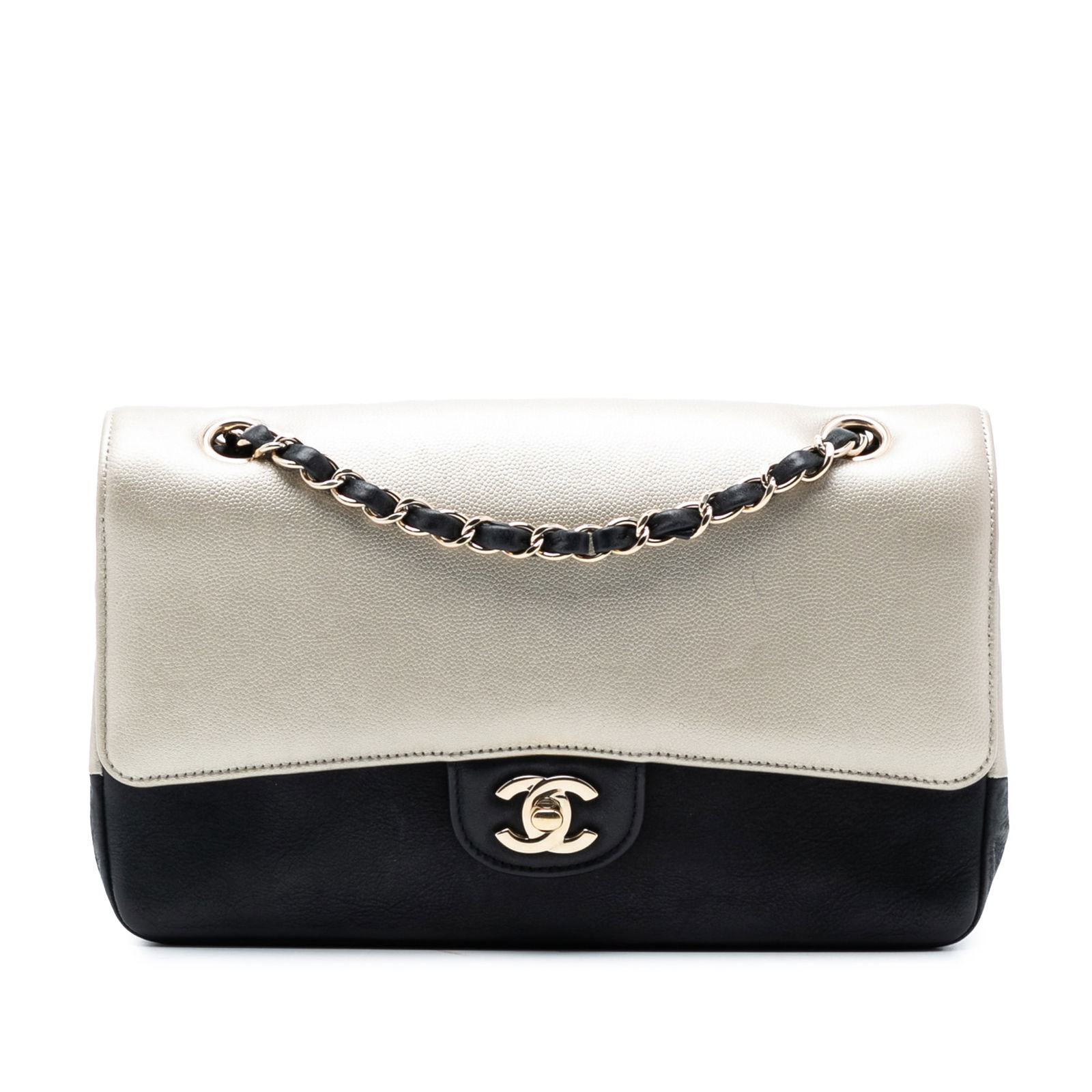 Medium Classic Bicolor Caviar Leather Double Flap Shoulder Bag by Chanel: Medium Classic Bicolor Caviar Leather Double Flap Shoulder Bag by Chanel This Chanel Medium Classic Bicolor Caviar Double Flap shoulder bag is crafted in durable caviar leather and features a leather-