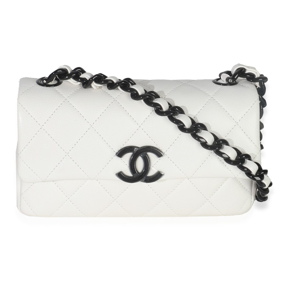 Mini My Everything Flap Bag in White Quilted Caviar Leather by Chanel: Mini My Everything Flap Bag in White Quilted Caviar Leather by Chanel This Chanel Mini My Everything Flap Bag features a white quilted caviar leather exterior with a magnetic snap closure. Designed as
