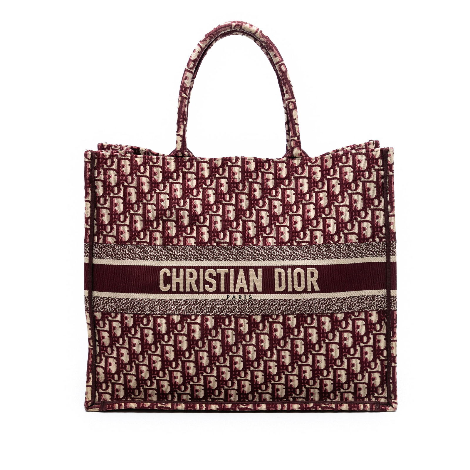 Dior Oblique Large Embroidered Canvas Book Tote Bag Red: Dior Oblique Large Embroidered Canvas Book Tote Bag Red The Dior Large Oblique Embroidered Canvas Book Tote showcases a canvas body with rolled canvas handles and an open top design. This tote is craf