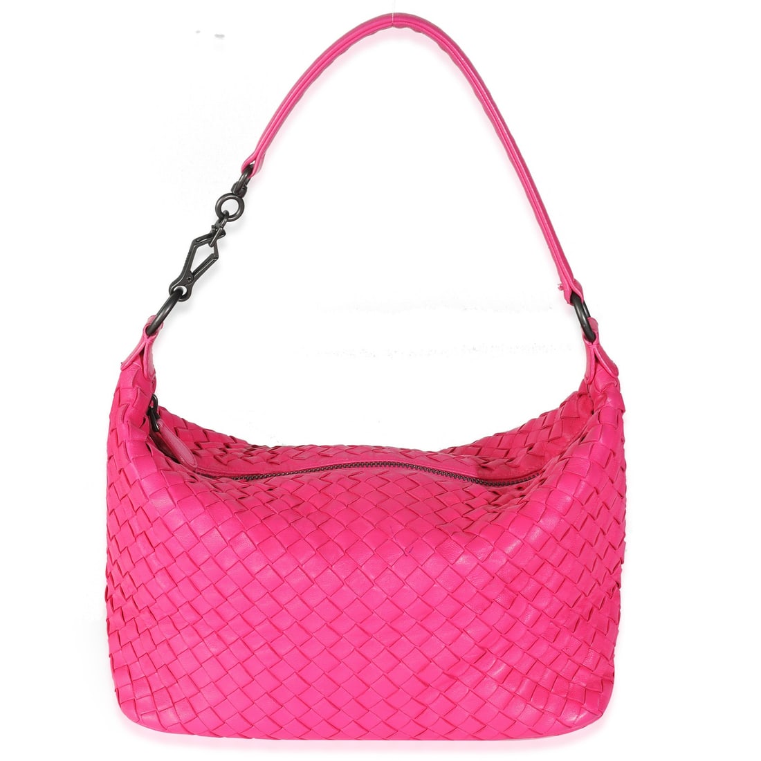 Hot Pink Intrecciato Nappa Small Shoulder Hobo by Bottega Veneta: Hot Pink Intrecciato Nappa Small Shoulder Hobo by Bottega Veneta This Bottega Veneta small shoulder bag features a hot pink nappa leather exterior with the signature intrecciato weave and a zip-top cl