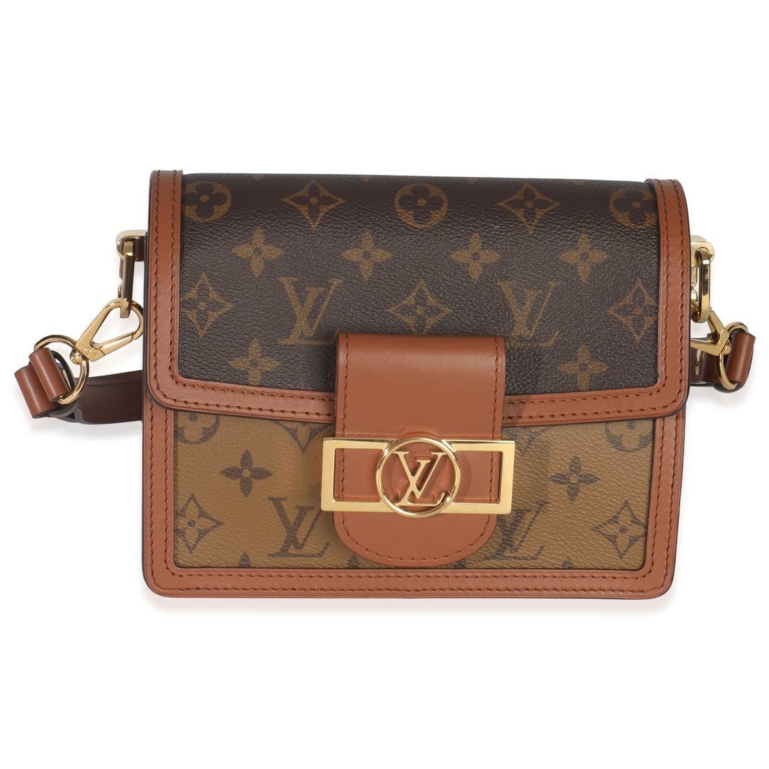 Mini Dauphine shoulder bag in reverse monogram canvas with gold-tone hardware: Mini Dauphine shoulder bag in reverse monogram canvas with gold-tone hardware This Louis Vuitton Mini Dauphine shoulder bag features the signature Reverse Monogram canvas in brown with gold-tone hardw