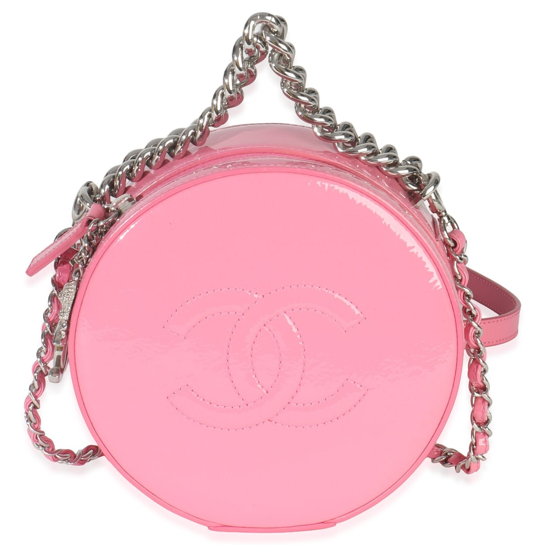 Chanel Round As Earth Pink Patent Leather Crossbody Bag with Removable Strap: Chanel Round As Earth Pink Patent Leather Crossbody Bag with Removable Strap This Chanel Round As Earth Bag features pink glazed calfskin patent leather with a zip-around closure and silver-tone hardw