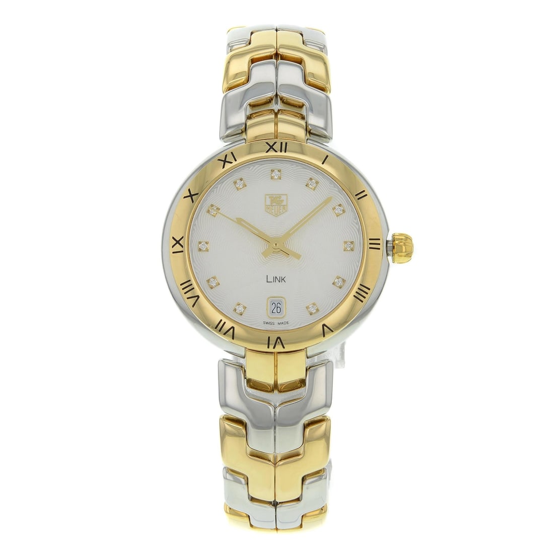 TAG Heuer Link WAT1350.BB0957 Quartz Ladies Watch Silver Dial Gold Bezel: TAG Heuer Link WAT1350.BB0957 Quartz Ladies Watch Silver Dial Gold Bezel Elevate your style with this TAG Heuer Link Ladies Watch, a perfect blend of luxury and functionality. Featuring a stunning sil