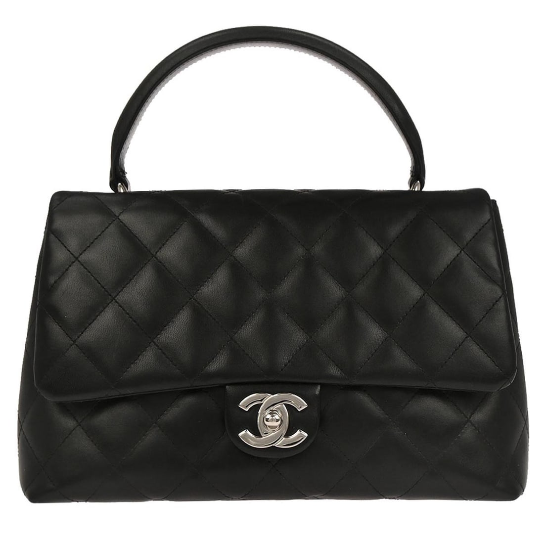 Chanel Classic Flap Medium Black Leather Top Handle Bag: Chanel Classic Flap Medium Black Leather Top Handle Bag This Chanel Classic Flap top handle handbag features a black lambskin leather exterior with a matching black top handle. The bag is designed wit