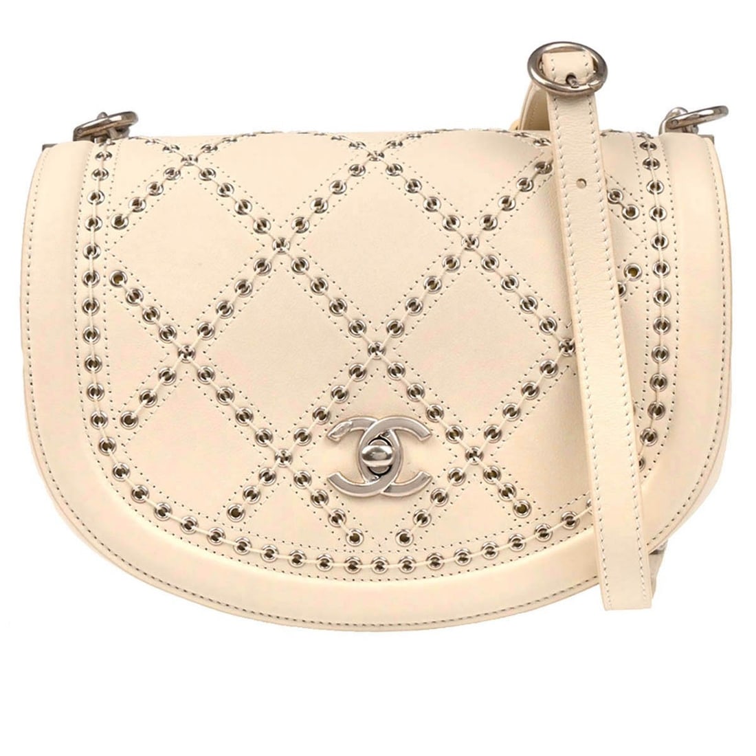 Chanel Coco Eyelets White Calfskin Round Flap Shoulder Bag: Chanel Coco Eyelets White Calfskin Round Flap Shoulder Bag This stylish Chanel White Calfskin Coco Eyelets Round Flap Shoulder Bag is perfect for casual outings. Crafted from high-quality leather, it