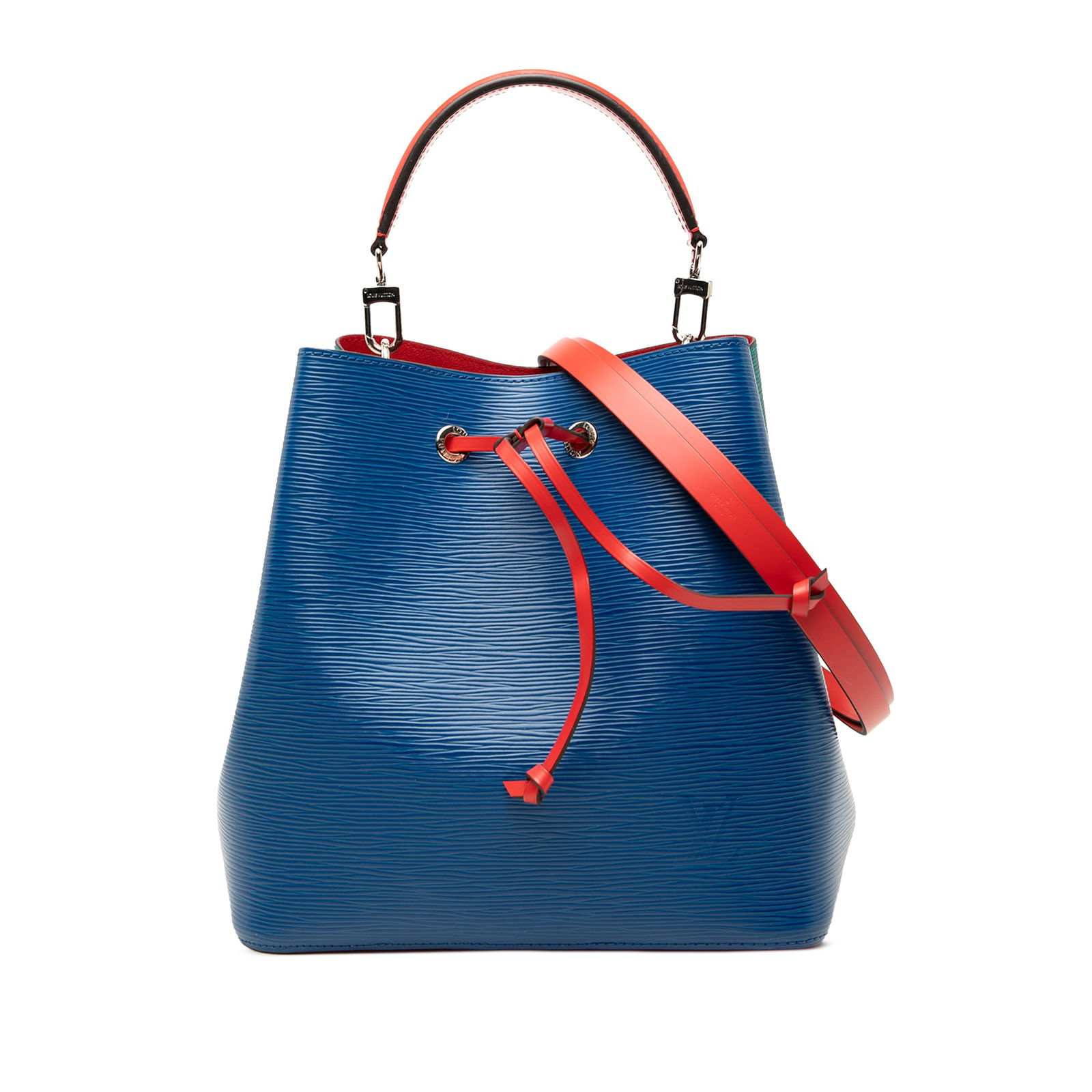 Louis Vuitton NeoNoe MM Blue Epi Leather Shoulder Bag with Drawstring: Louis Vuitton NeoNoe MM Blue Epi Leather Shoulder Bag with Drawstring This Louis Vuitton Epi NeoNoe MM bag features a blue Epi leather body with a flat leather handle, a detachable flat leather strap,