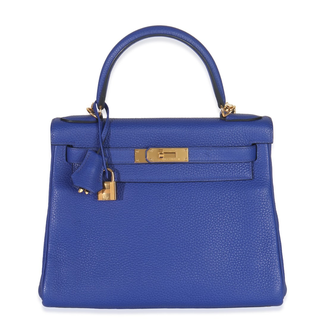 Hermes Retourne Kelly 28 Blue Leather Handbag with Gold Tone Hardware: Hermes Retourne Kelly 28 Blue Leather Handbag with Gold Tone Hardware This Hermes Retourne Kelly 28 is crafted from Bleu Electrique Togo leather and features gold-tone hardware. The bag includes a tur