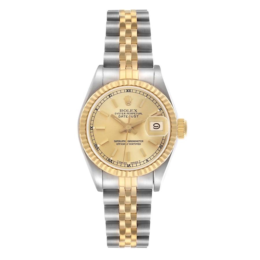Rolex Lady Datejust 69173 Champagne Stick Dial D-Link Jubilee Bracelet: Rolex Lady Datejust 69173 Champagne Stick Dial D-Link Jubilee Bracelet This Rolex Datejust Lady features a champagne stick dial, fluted bezel, and a D-Link Jubilee bracelet. Designed for ladies, it be