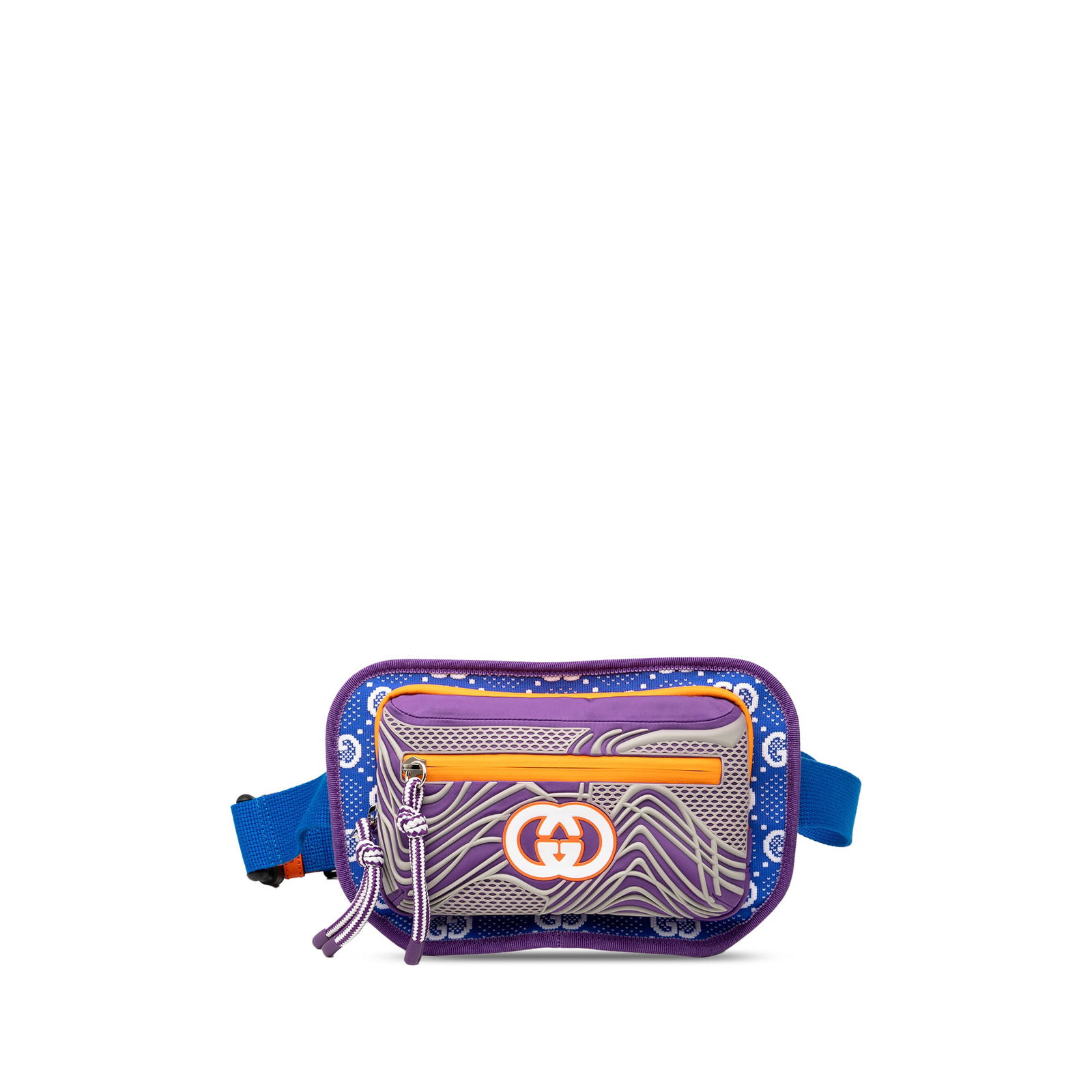 Gucci GG Nylon and Rubber Blue Belt Bag with Adjustable Strap: Gucci GG Nylon and Rubber Blue Belt Bag with Adjustable Strap The Gucci GG Nylon and Rubber Belt Bag is a stylish accessory crafted from durable nylon. It features an adjustable waist strap for a cust