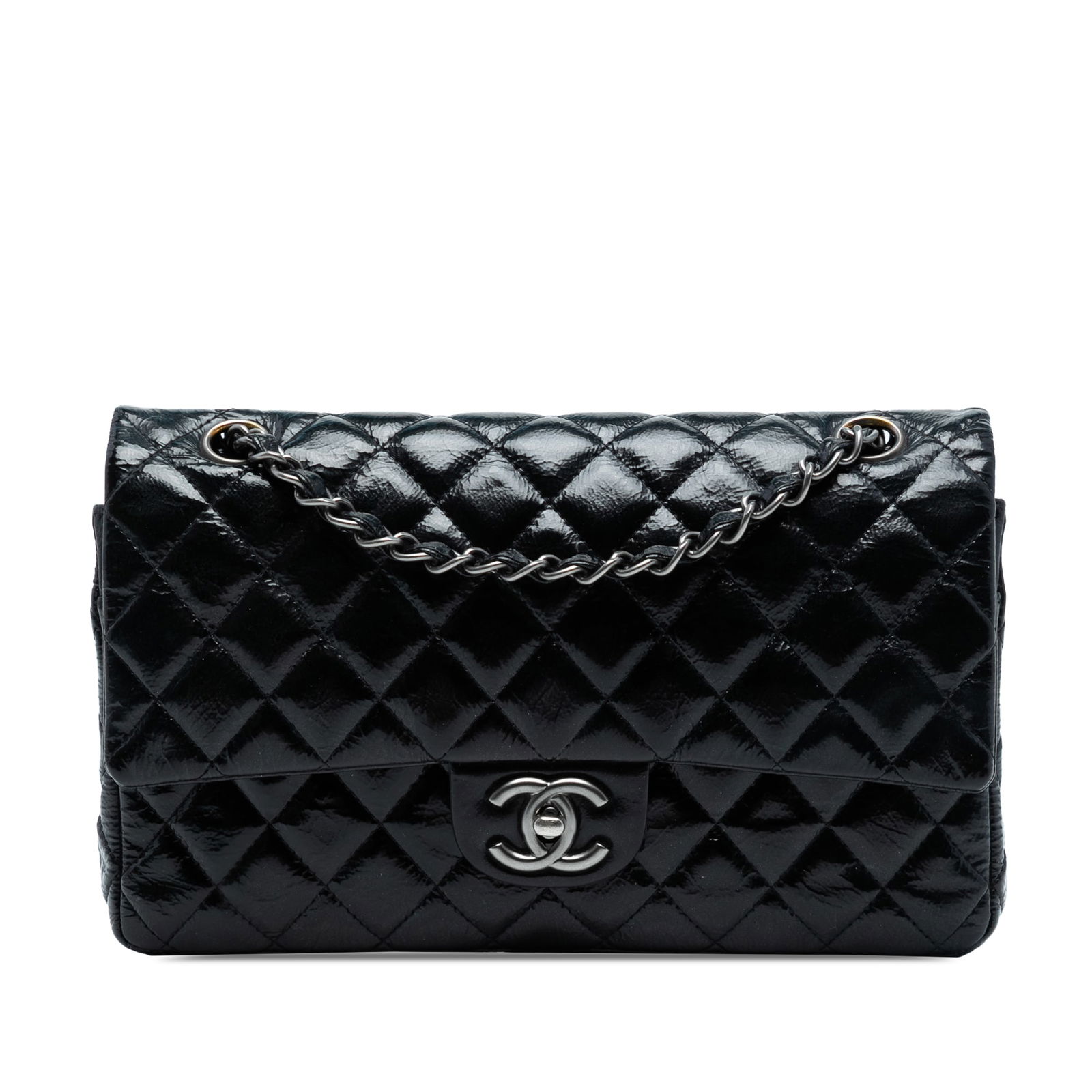 Chanel Medium Classic Crinkled Patent Double Flap Blue Leather Bag: Chanel Medium Classic Crinkled Patent Double Flap Blue Leather Bag This Chanel Medium Classic Crinkled Patent Double Flap shoulder bag showcases a sophisticated design with a quilted patent leather bo