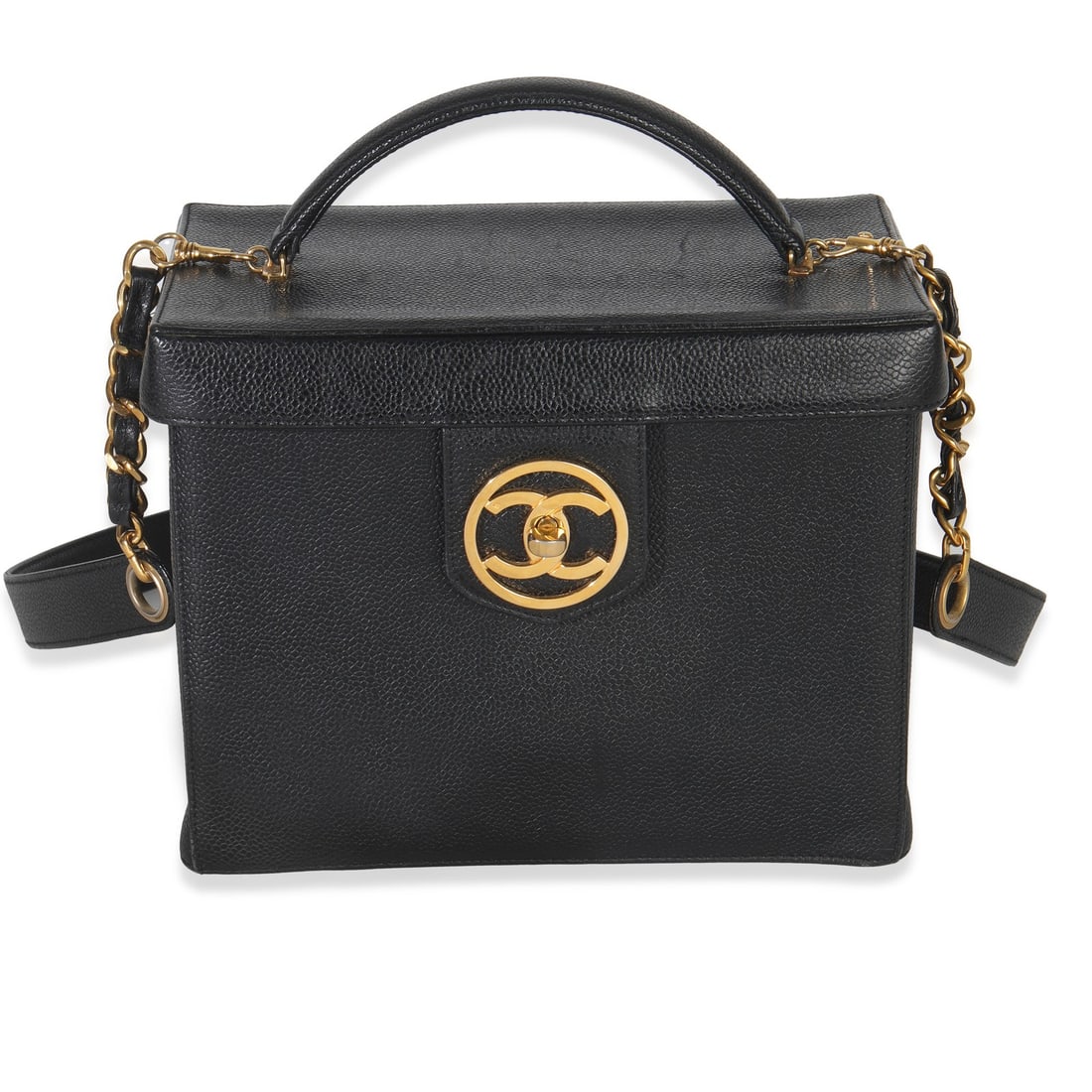 Chanel Vintage Black Caviar Vanity Box Train Case 1994-1996: Chanel Vintage Black Caviar Vanity Box Train Case 1994-1996 This vintage Chanel Vanity Box Train Case is a luxurious blend of style and functionality, crafted in exquisite black caviar leather. Origin