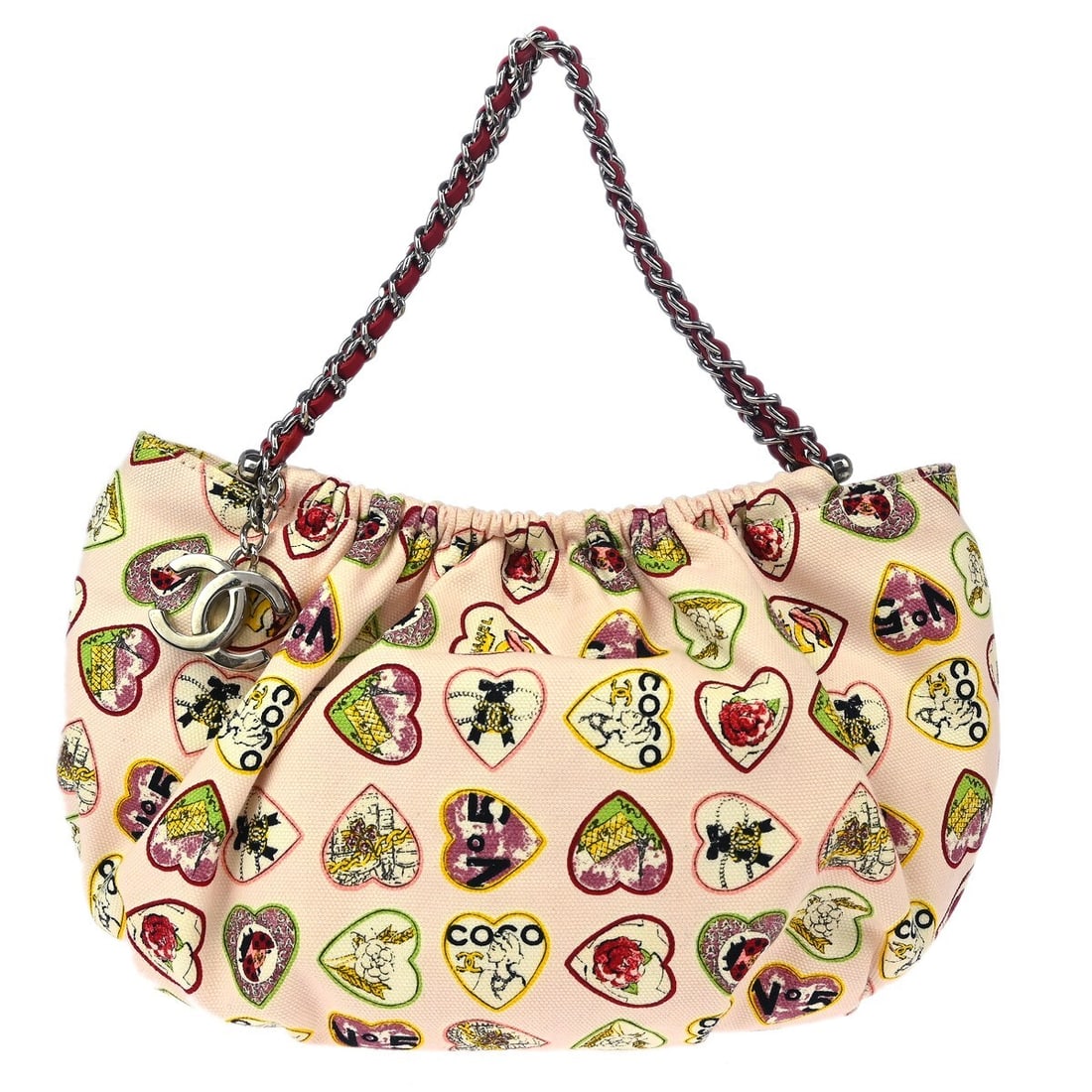 Chanel Pink Canvas Valentine Top Handle Handbag with Chain Strap: Chanel Pink Canvas Valentine Top Handle Handbag with Chain Strap This charming Chanel Pink Canvas Valentine Chain Handbag is the perfect accessory for casual outings. It features a stylish top handle