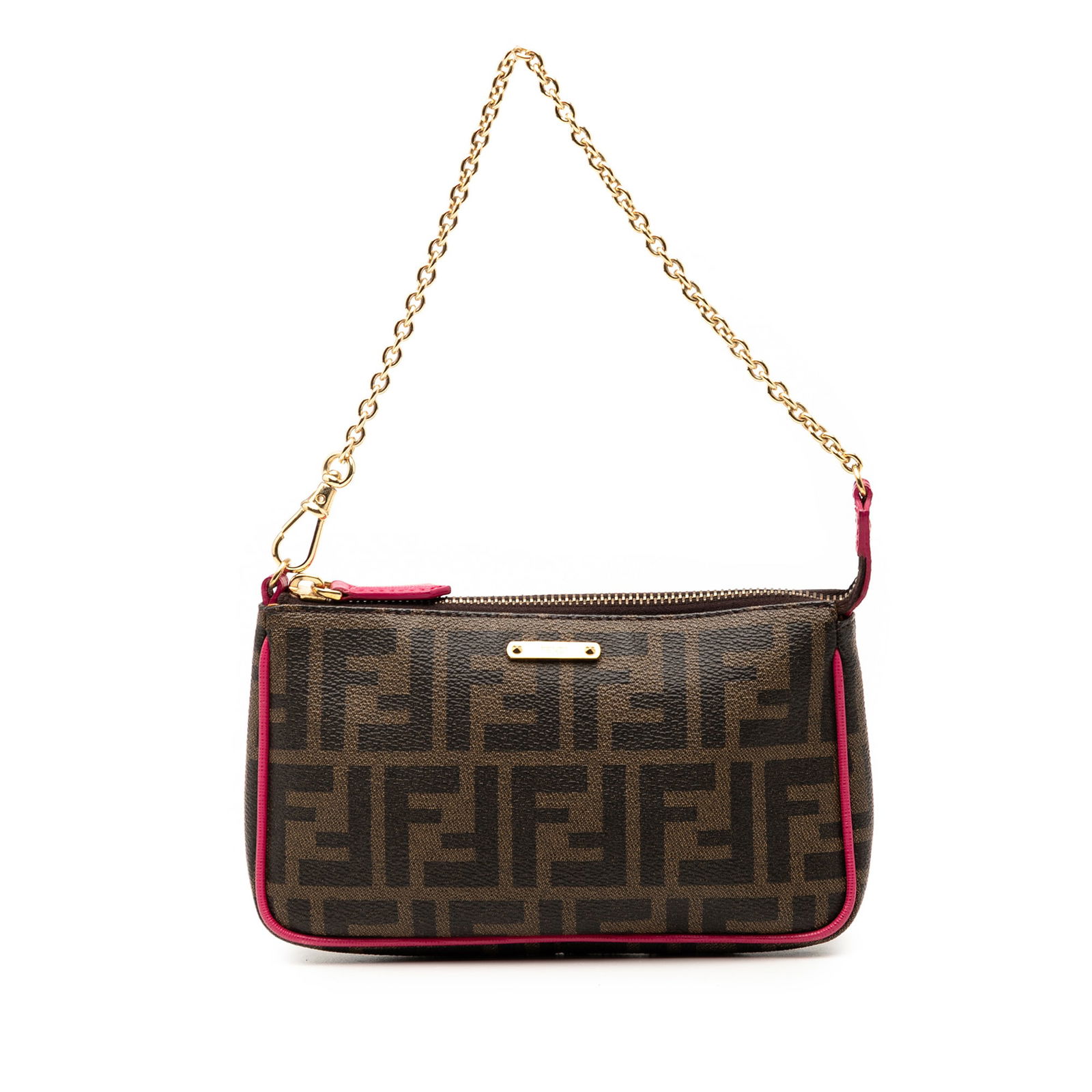 Fendi Zucca Spalmati Shoulder Bag with Chain Strap: Fendi Zucca Spalmati Shoulder Bag with Chain Strap This Fendi Zucca Spalmati Chain Pochette is a shoulder bag crafted from coated canvas with leather trim. It features a chain link strap, a top zip cl