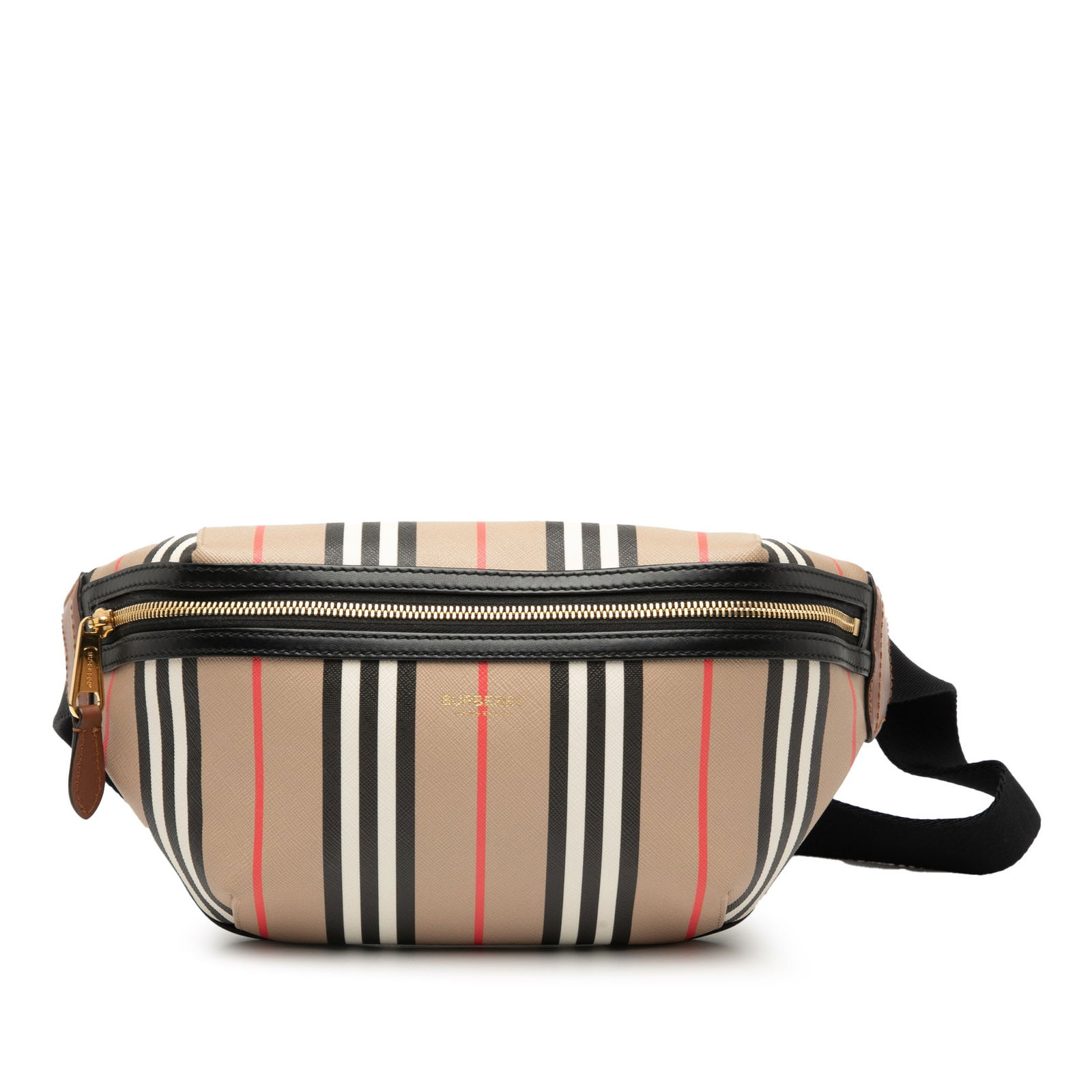 Burberry Sonny Belt Bag with Icon Stripe Coated Canvas and Leather Trim: Burberry Sonny Belt Bag with Icon Stripe Coated Canvas and Leather Trim This Burberry Icon Stripe Sonny belt bag features a coated canvas body with leather trim, an adjustable flat waist strap, a fron