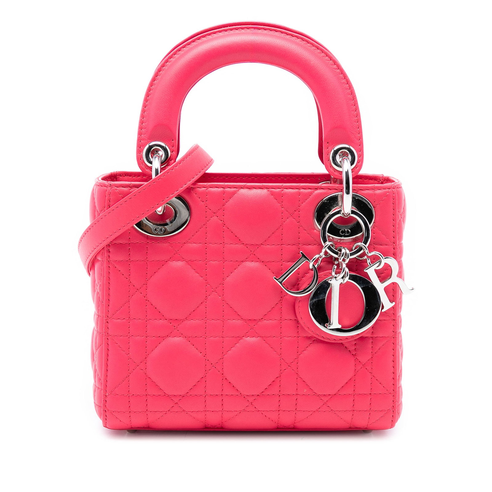 Pink Mini Lady Dior Cannage Lambskin Bag with Strap: Pink Mini Lady Dior Cannage Lambskin Bag with Strap This Mini Lady Dior handbag showcases a quilted lambskin leather body in pink, featuring flat leather top handles and a detachable flat leather stra
