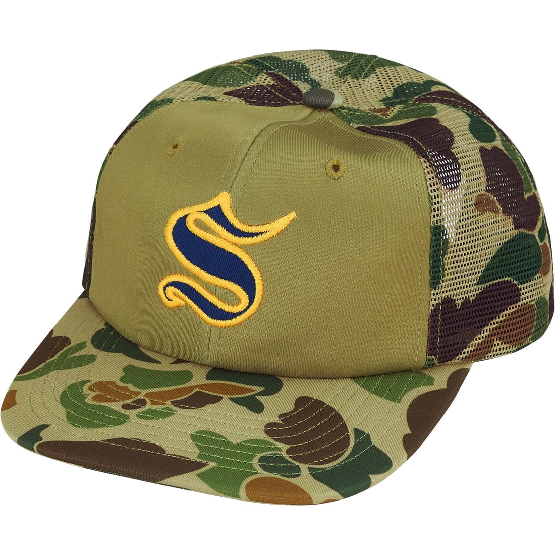 Olive Camo Mesh Snapback Six Panel Cap with S Logo by Supreme: Olive Camo Mesh Snapback Six Panel Cap with S Logo by Supreme The Supreme Contrast S Olive Camo Mesh Back 6-Panel Hat features an embroidered "S" logo on the front, crafted in olive camouflage cotton