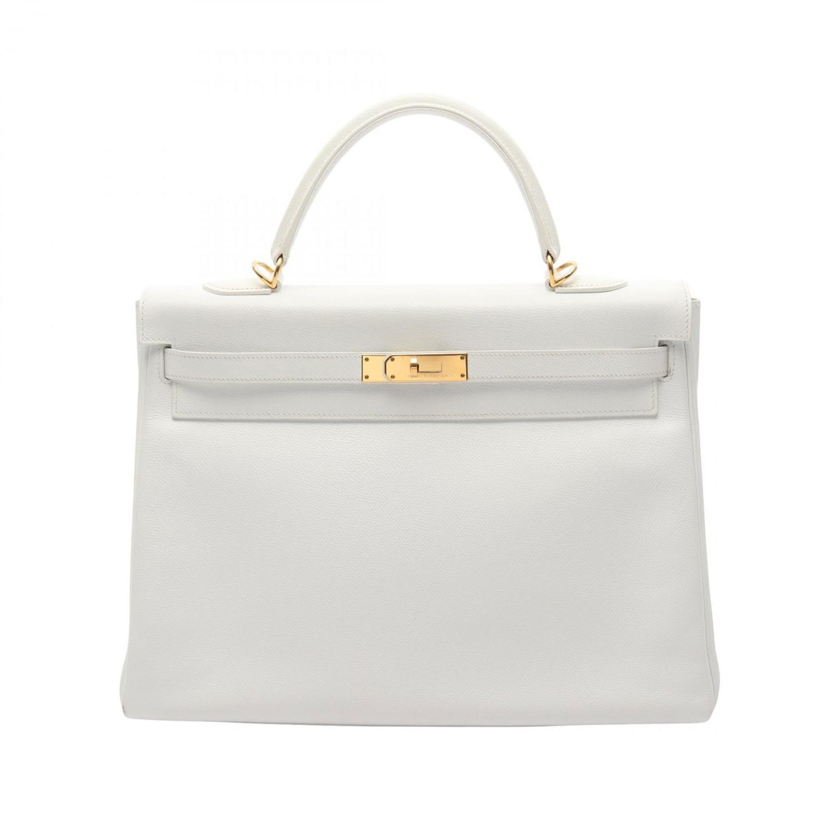 White Leather Hermes Kelly 35 Handbag from France: White Leather Hermes Kelly 35 Handbag from France This Hermes Kelly 35 handbag features a classic white leather exterior and is designed for women. The bag is crafted in France and showcases the iconi