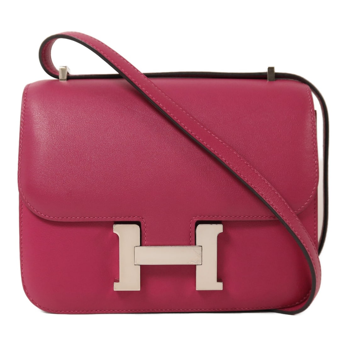 Constance Mini Shoulder Bag in Purple Veau Swift Leather with Palladium Hardware: Constance Mini Shoulder Bag in Purple Veau Swift Leather with Palladium Hardware This Hermes Constance Mini shoulder bag is crafted from Veau Swift calfskin leather in a striking Rose Pourpre purple s