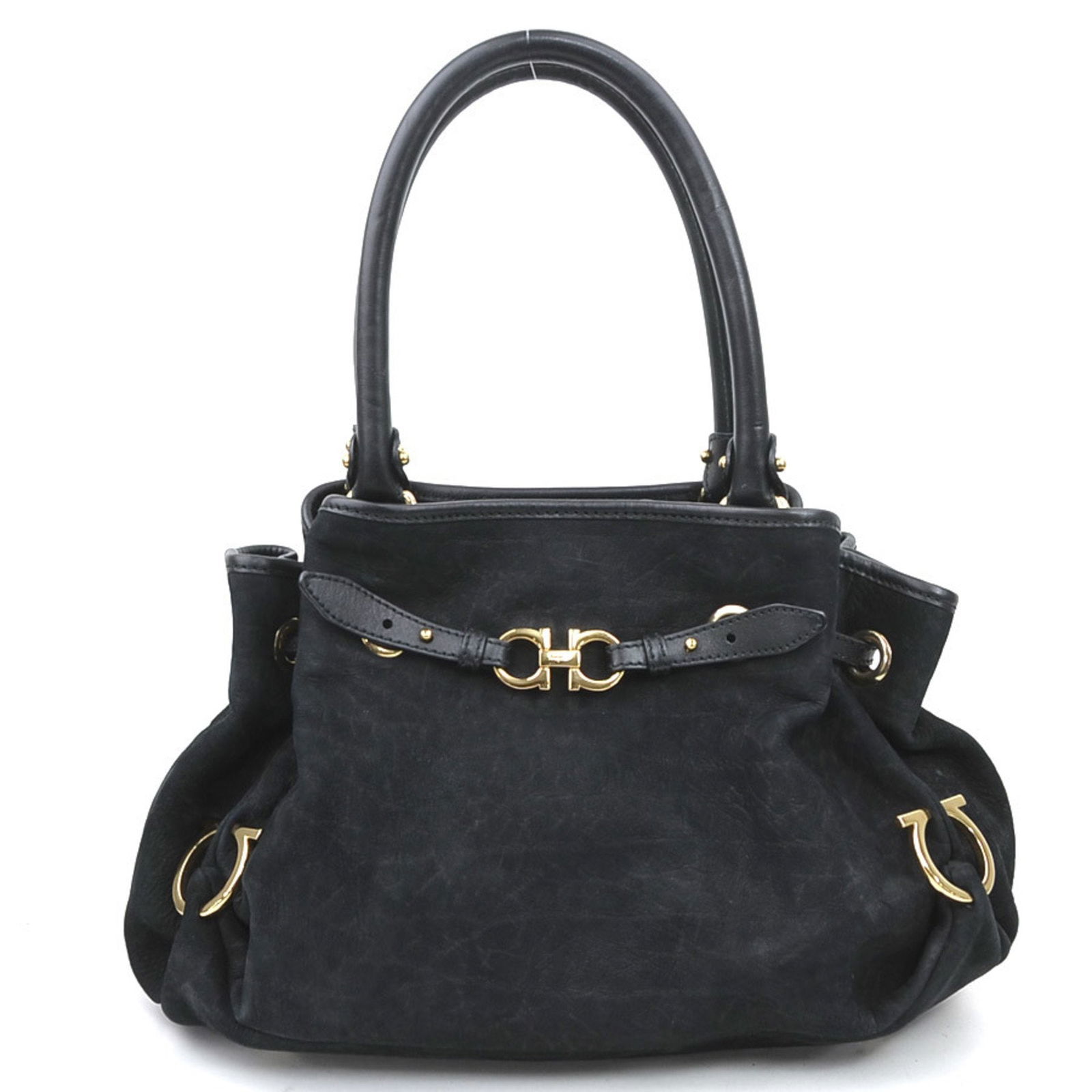 Black Leather Gancini Bag by Salvatore Ferragamo: Black Leather Gancini Bag by Salvatore Ferragamo This Salvatore Ferragamo Gancini handbag is crafted from black leather and features a structured silhouette. The bag is designed for women and showcase