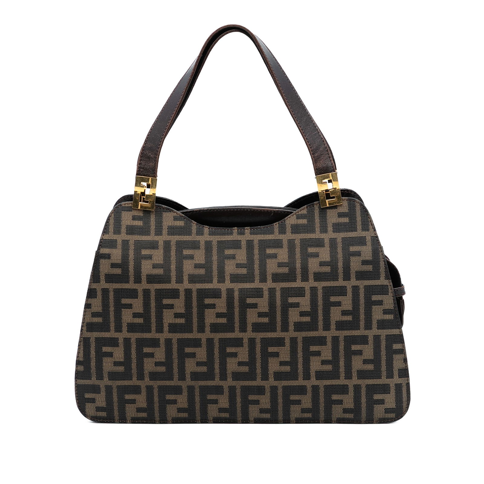 Brown Fendi Zucca Canvas Tote with Leather Handles and Zip Compartment: Brown Fendi Zucca Canvas Tote with Leather Handles and Zip Compartment This Fendi Zucca Canvas Handbag features a durable canvas body with the signature Zucca motif, complemented by flat leather handl