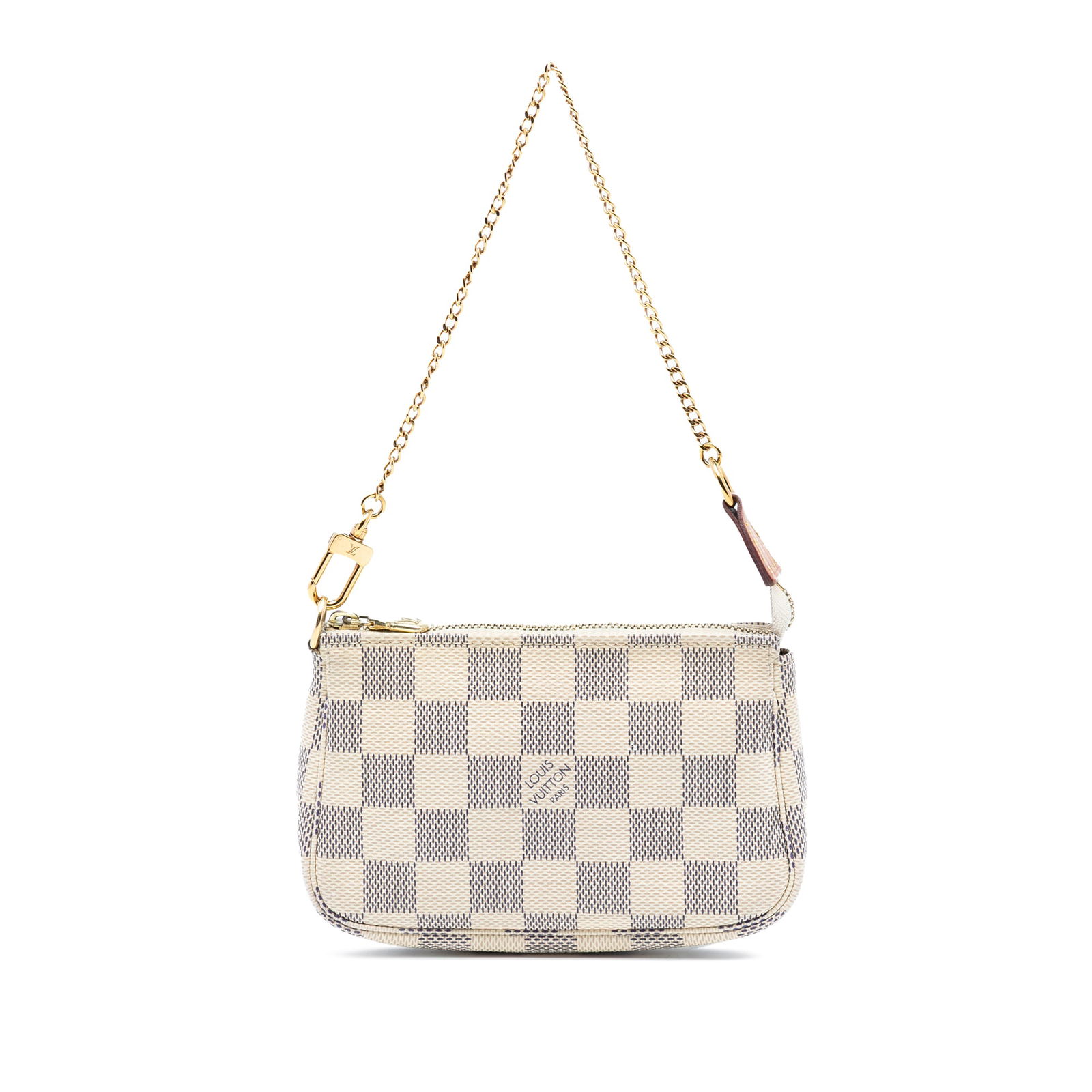 Louis Vuitton Mini Pochette in Damier Azur Canvas with Chain Handle: Louis Vuitton Mini Pochette in Damier Azur Canvas with Chain Handle This Louis Vuitton Damier Azur Mini Pochette Accessoires features a Damier Azur canvas body, a chain link handle, and a top zip clos