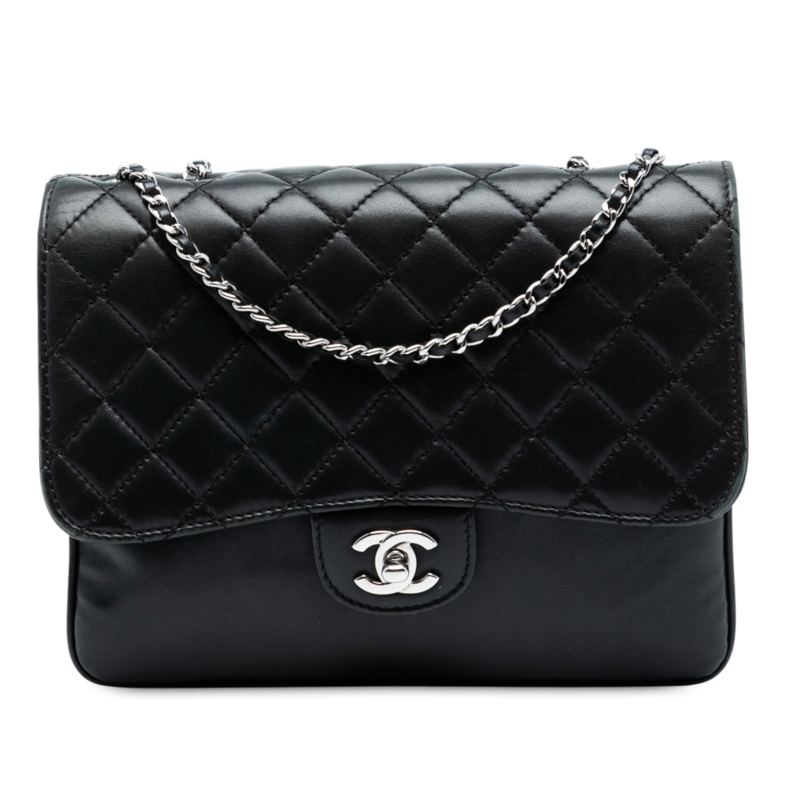 Chanel Medium Black Lambskin Accordion Flap Bag with CC Lock: Chanel Medium Black Lambskin Accordion Flap Bag with CC Lock Elevate your accessory collection with this Chanel Medium Quilted Lambskin Clams Pocket Accordion Flap shoulder bag. Crafted from luxurious