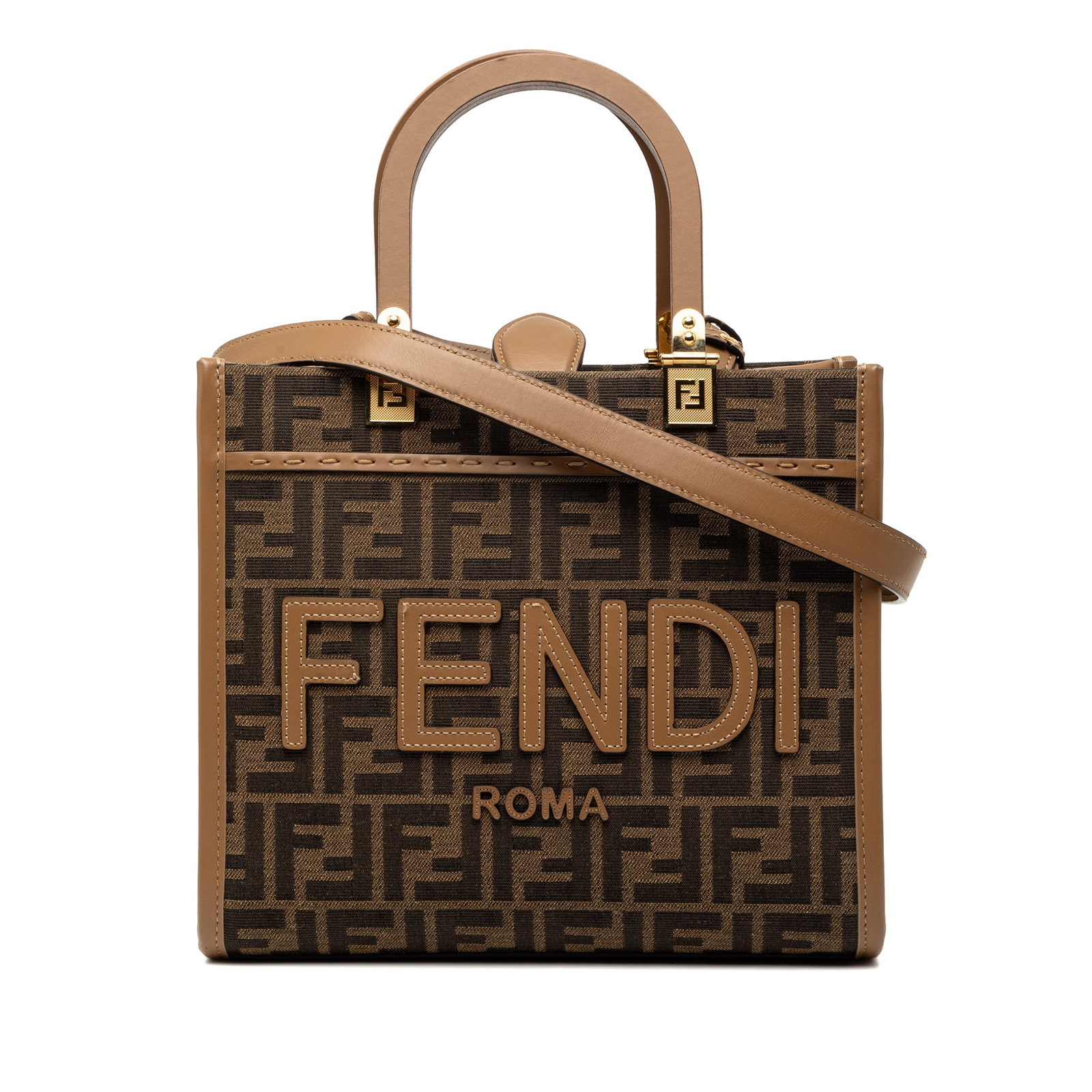 Fendi Sunshine Shopper Small Tote in Zucca Canvas with Leather Trim: Fendi Sunshine Shopper Small Tote in Zucca Canvas with Leather Trim This Fendi Small Zucca Canvas Sunshine Shopper Tote features a canvas body with leather trim, wooden handles, an adjustable flat lea