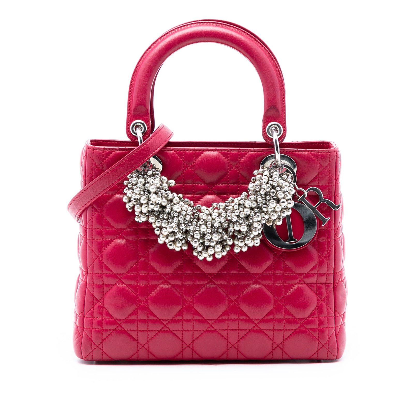 Dior Lady Dior Medium Red Cannage Pearl Bag with Gold Orb Accents: Dior Lady Dior Medium Red Cannage Pearl Bag with Gold Orb Accents This Lady Dior handbag features a quilted leather body with gold orb embellishments, flat leather top handles, a detachable flat leath