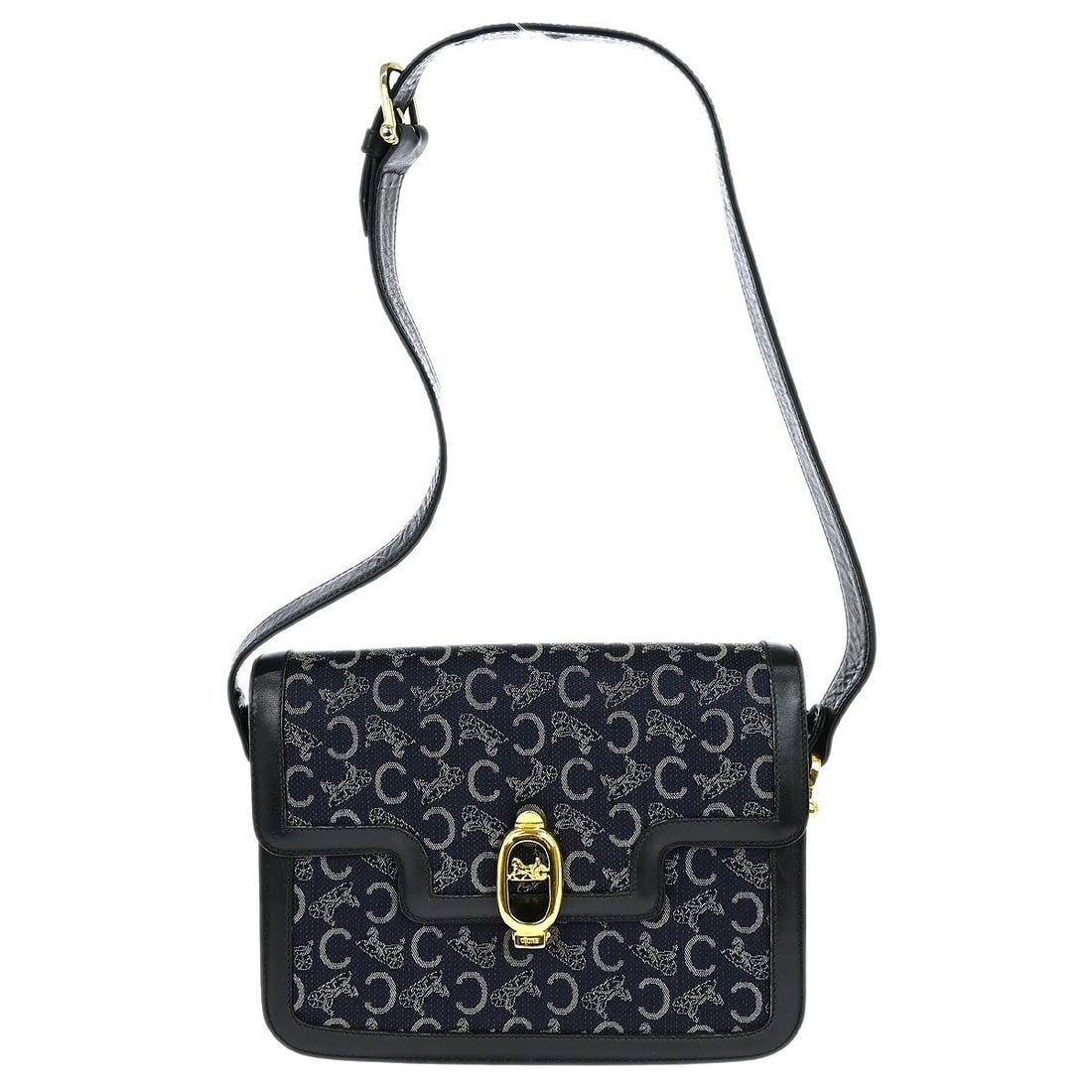 Celine Macadam Navy Medium Canvas Leather Shoulder Bag with Logo Accent: Celine Macadam Navy Medium Canvas Leather Shoulder Bag with Logo Accent This Celine Navy C Macadam Shoulder Bag is a stylish and functional accessory, perfect for casual occasions. Crafted from a blen